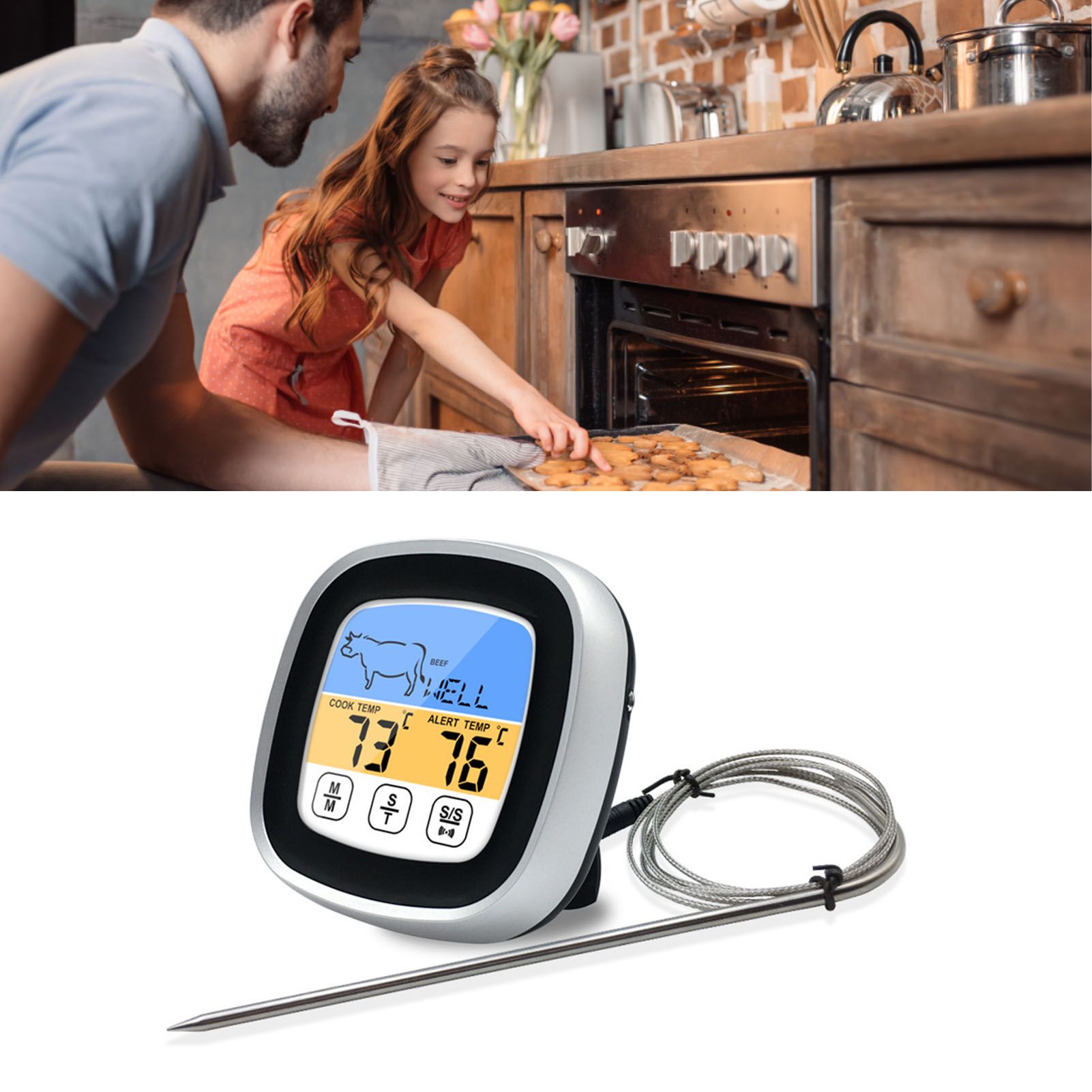 Digital Timer Thermometer Touch Screen Stainless Steel Meat Thermometer for Kitchen BBQ Black - Image 6