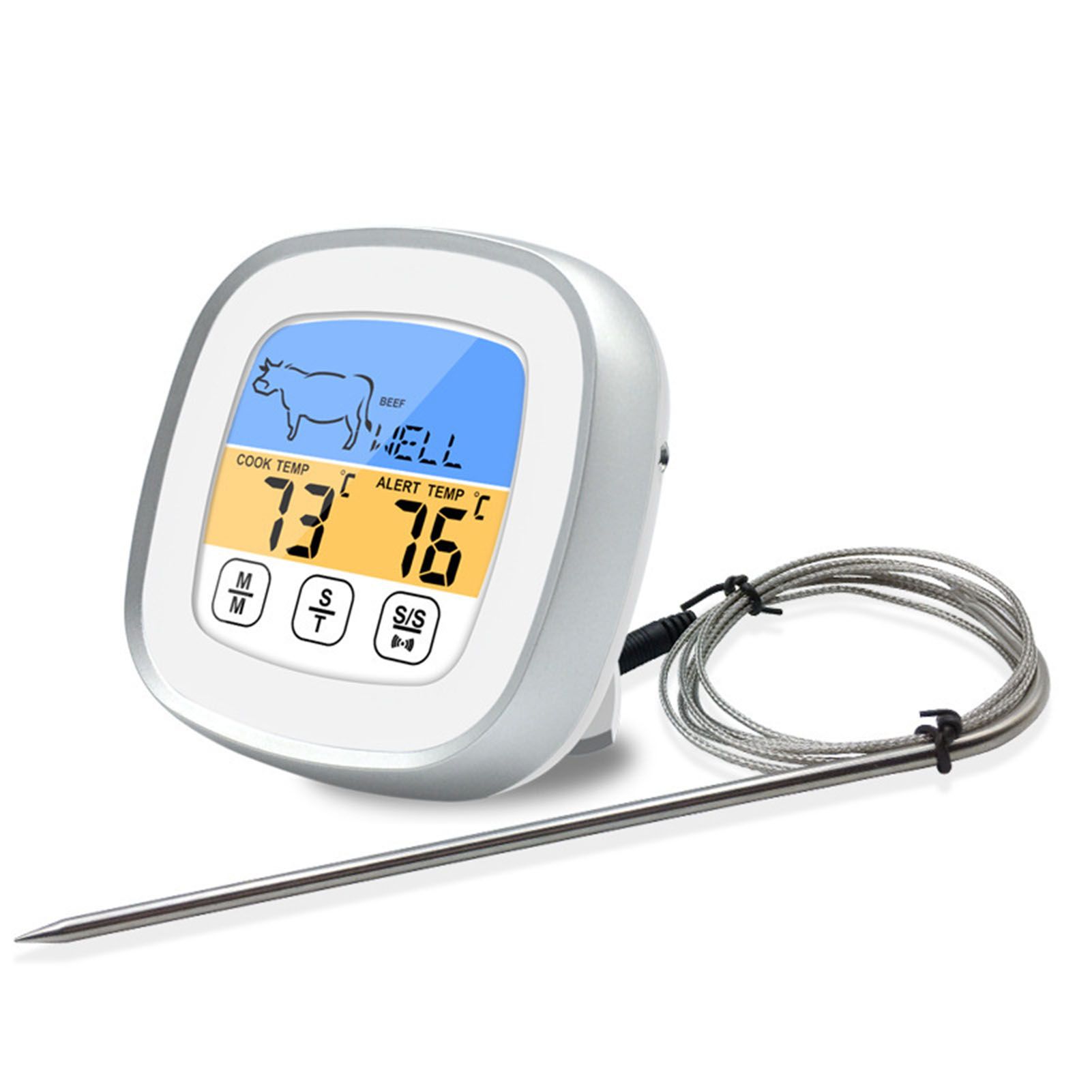 Digital Timer Thermometer Touch Screen Stainless Steel Meat Thermometer for Kitchen BBQ White - Image 1