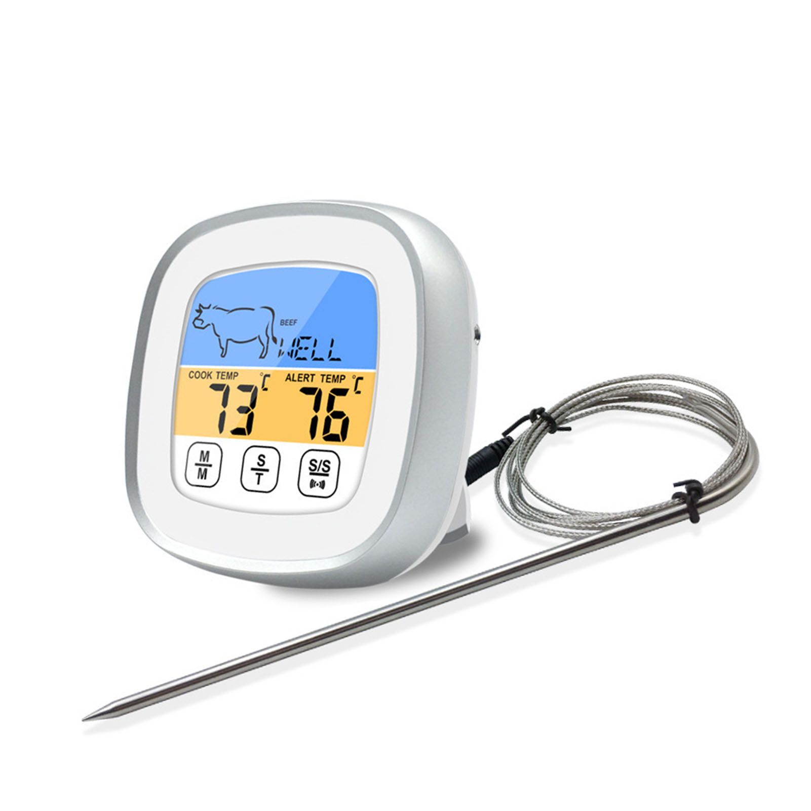 Digital Timer Thermometer Touch Screen Stainless Steel Meat Thermometer for Kitchen BBQ White - Image 2