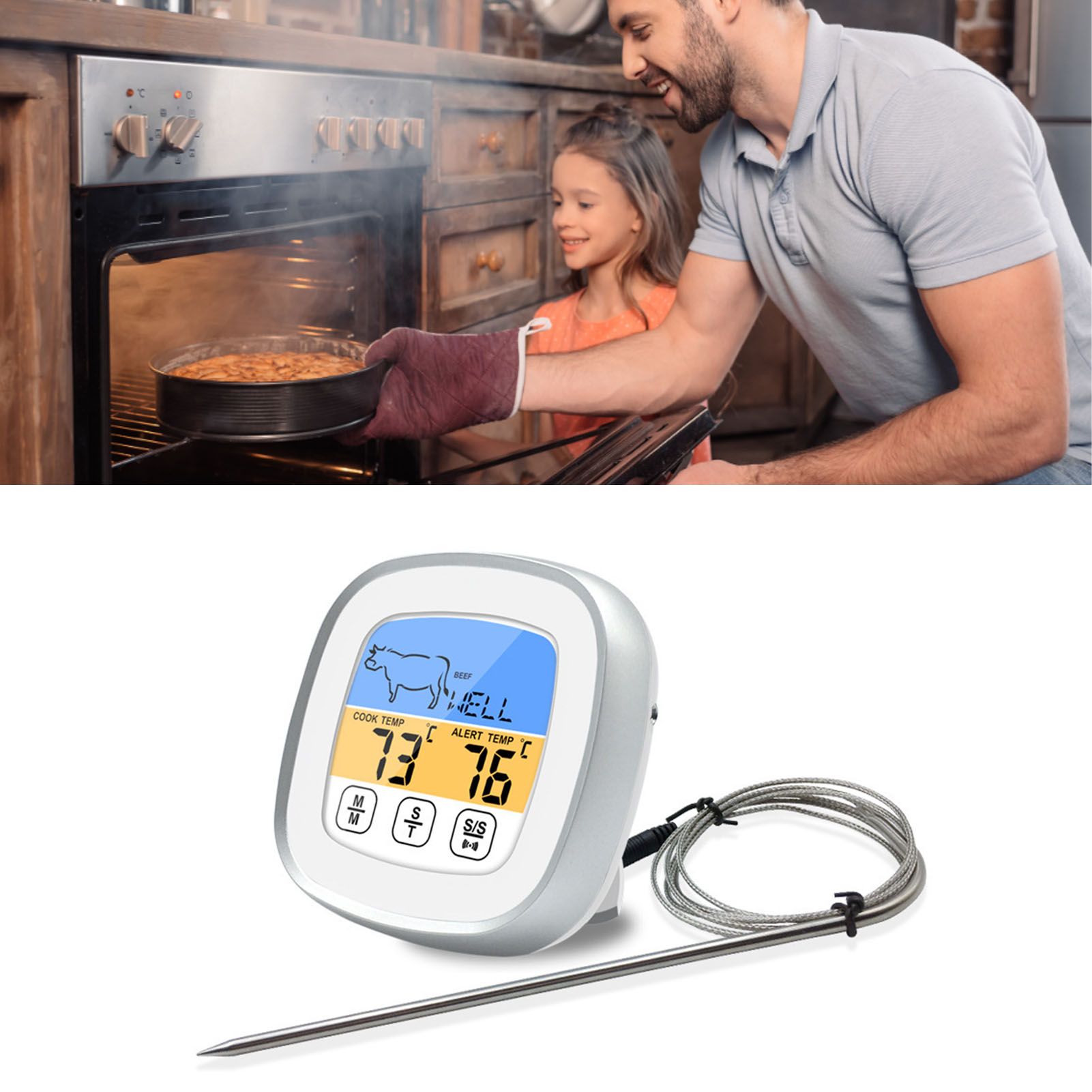 Digital Timer Thermometer Touch Screen Stainless Steel Meat Thermometer for Kitchen BBQ White - Image 5