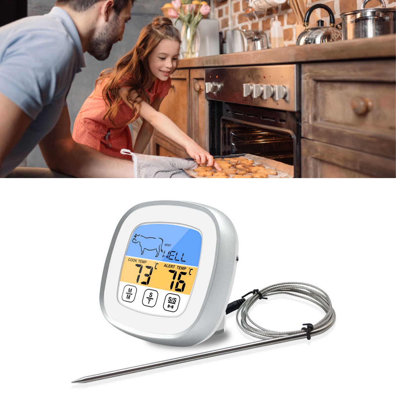 Digital Timer Thermometer Touch Screen Stainless Steel Meat Thermometer for Kitchen BBQ White - Image 6