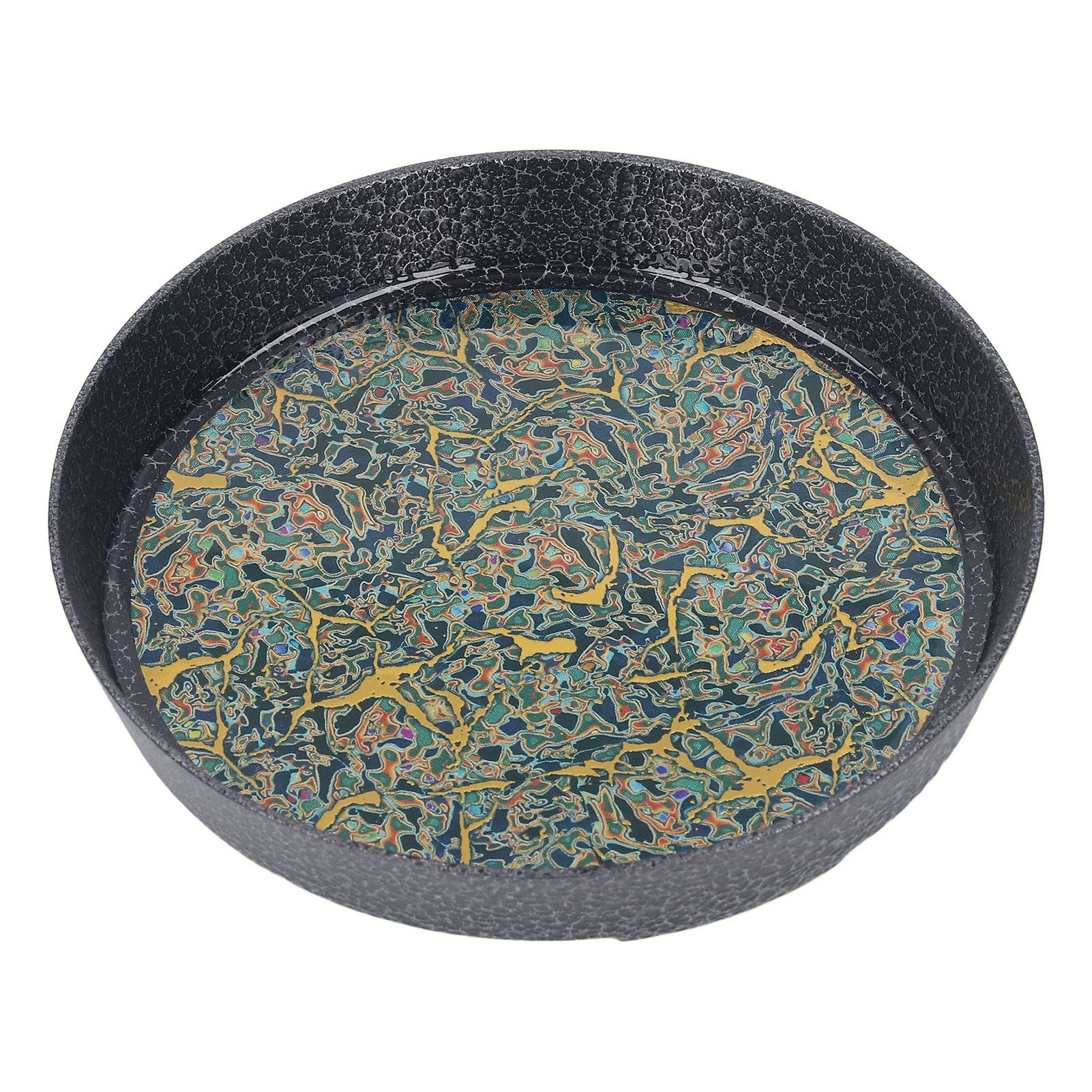 Small Tea Tray Complex Pattern Round Alloy Decorative Tea Serving Tray for Home Patio Porch Deck Green - Image 1