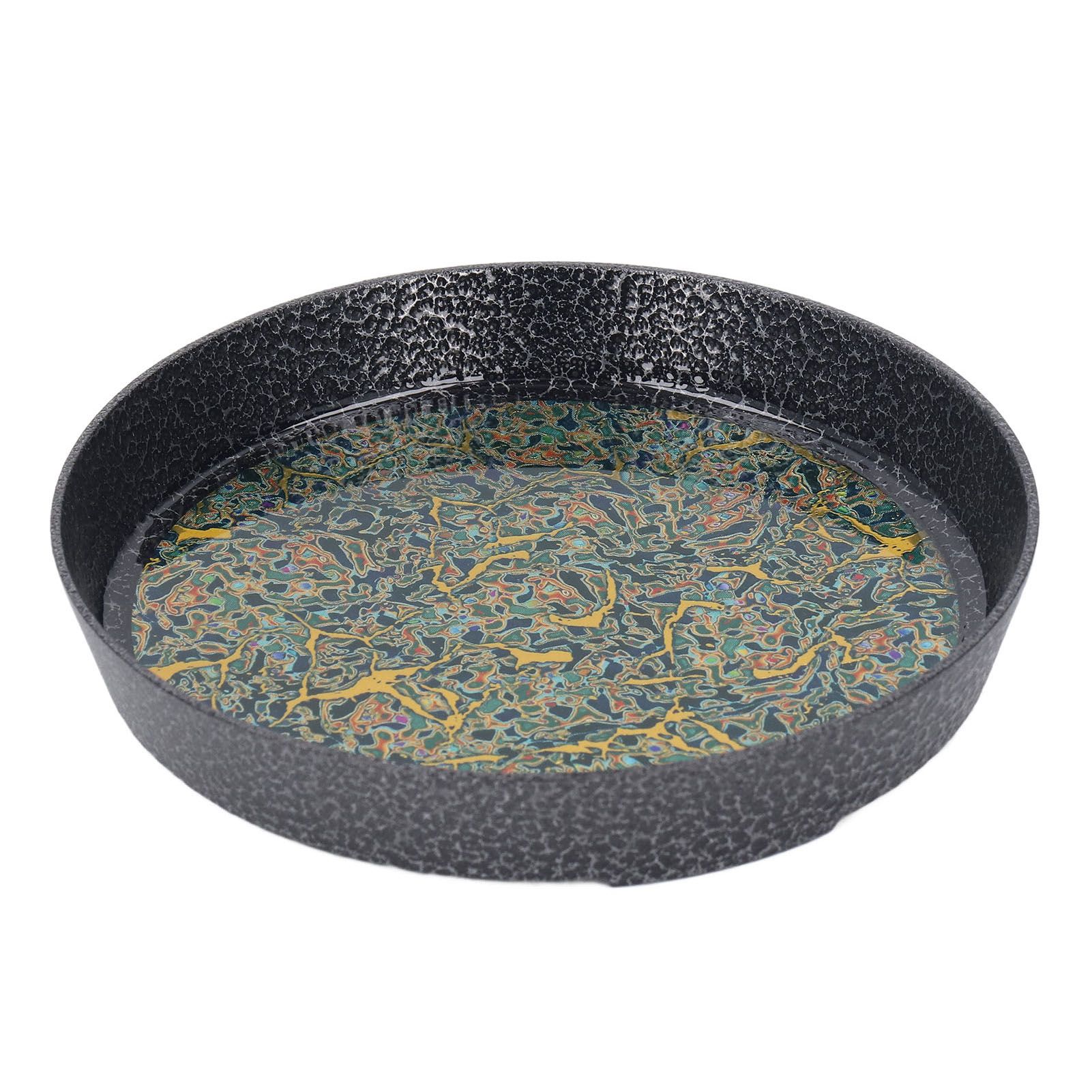 Small Tea Tray Complex Pattern Round Alloy Decorative Tea Serving Tray for Home Patio Porch Deck Green - Image 2