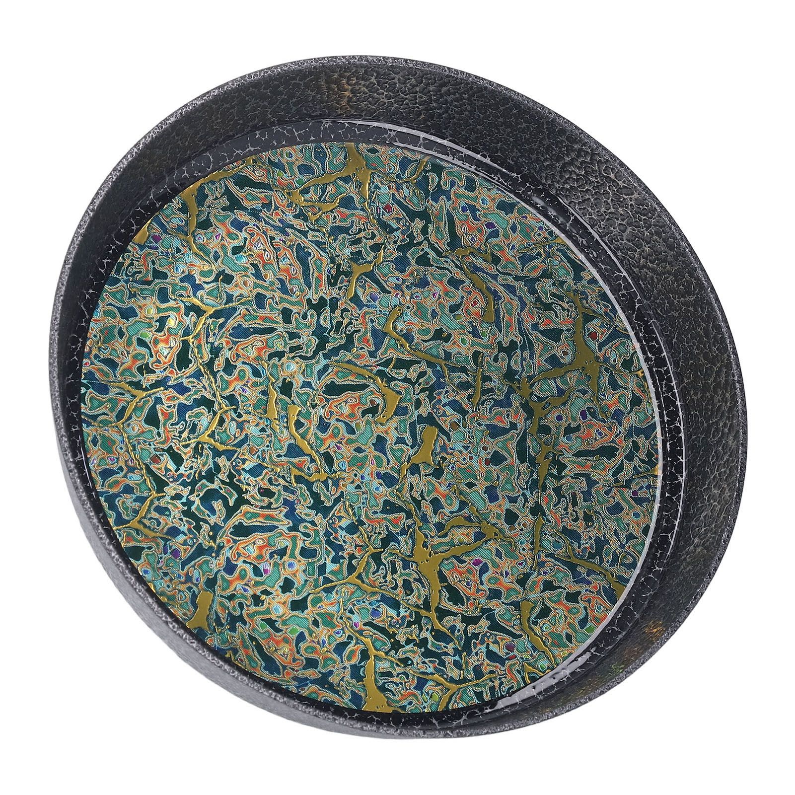 Small Tea Tray Complex Pattern Round Alloy Decorative Tea Serving Tray for Home Patio Porch Deck Green - Image 3