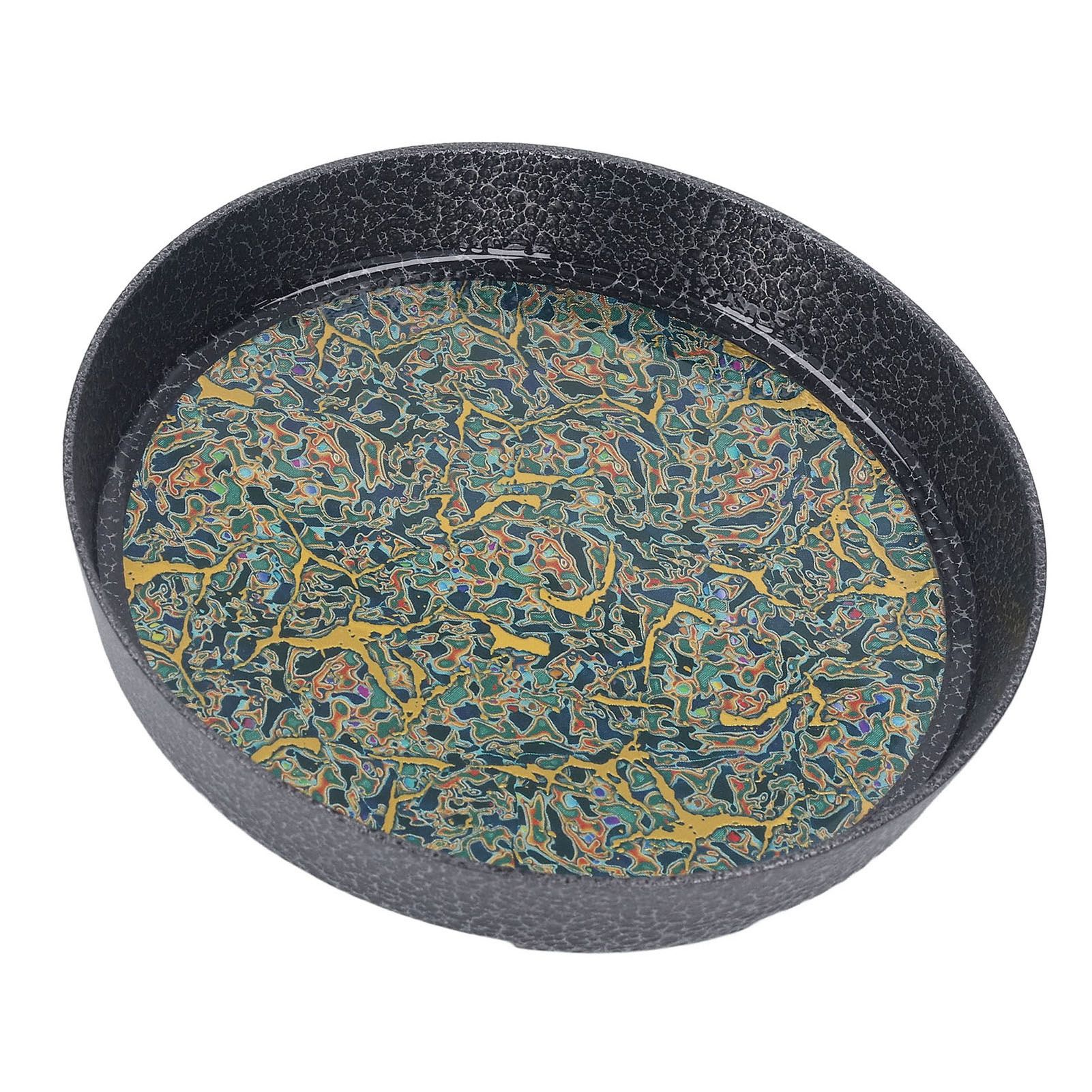 Small Tea Tray Complex Pattern Round Alloy Decorative Tea Serving Tray for Home Patio Porch Deck Green - Image 8