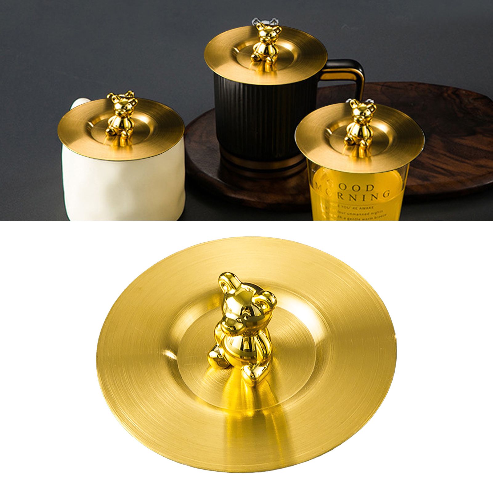 Cute Bear Cup Cover Stainless Steel Dustproof Rounded Edges Glossy Surface Artistic Cup Lid for Mug Glass Cup Gold - Image 5