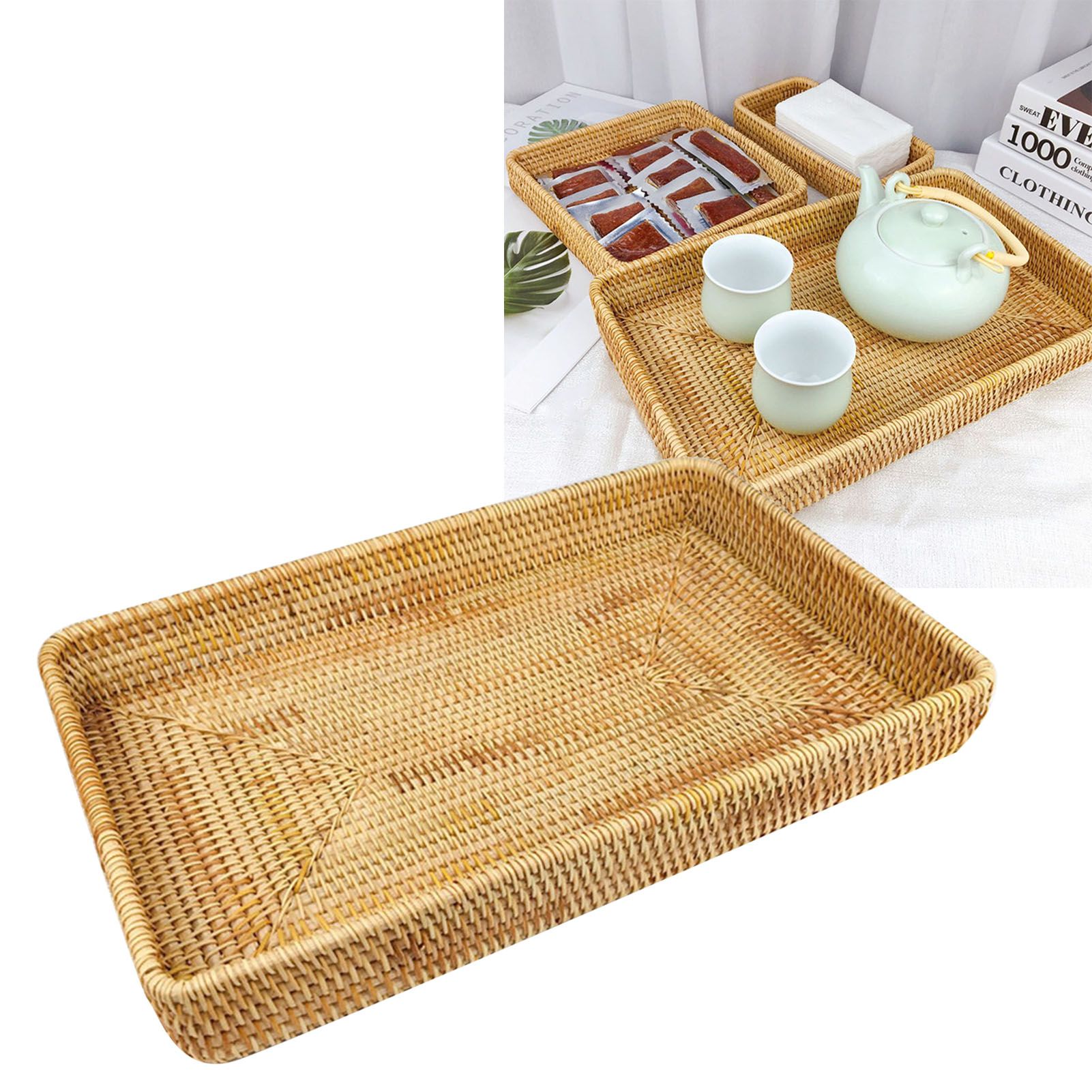 Rattan Tray Tabletop Organization Hand Woven Snack Storage Basket Multifunctional Serving Tray L - Image 6
