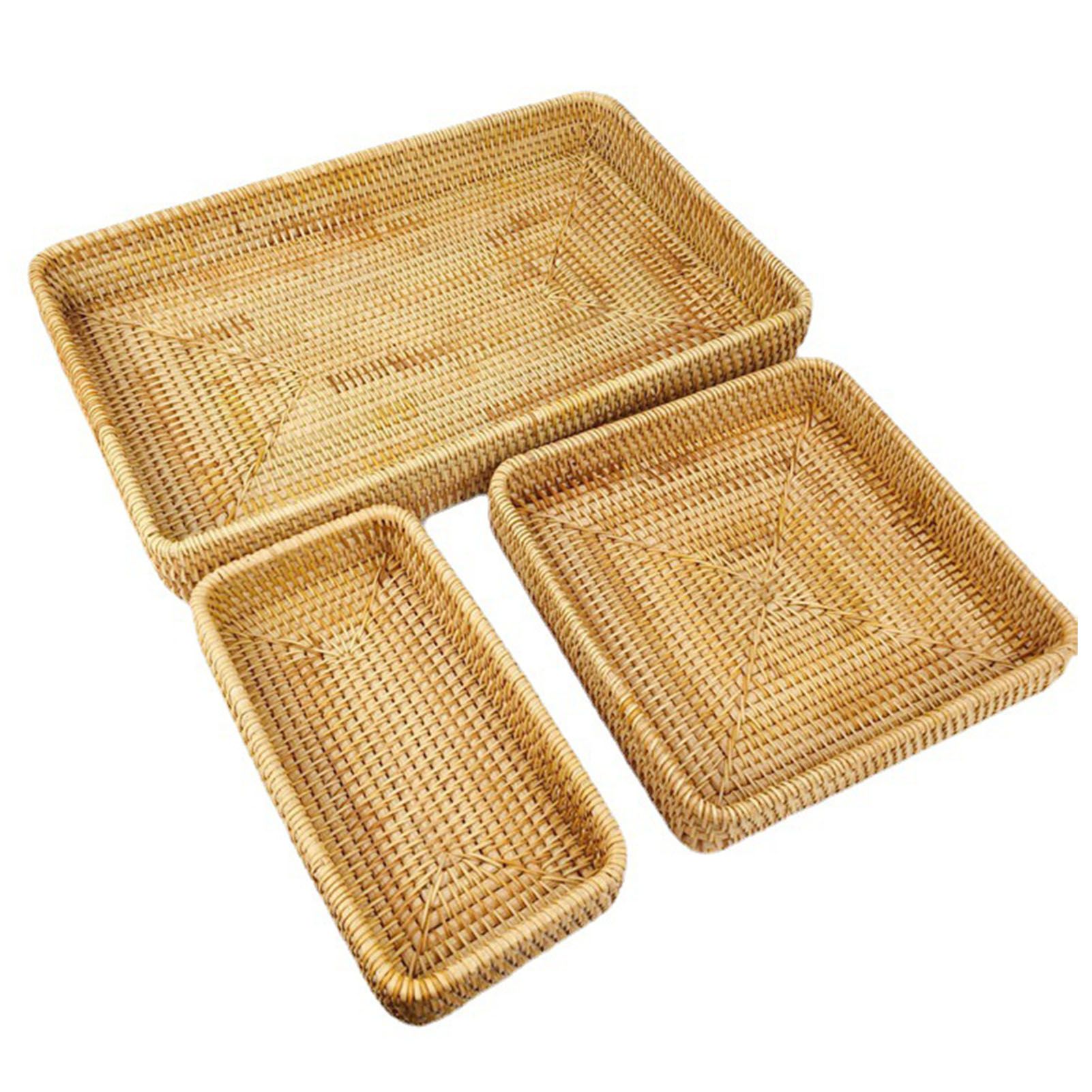 Rattan Tray Tabletop Organization Hand Woven Snack Storage Basket Multifunctional Serving Tray 3 Pcs Set - Image 1