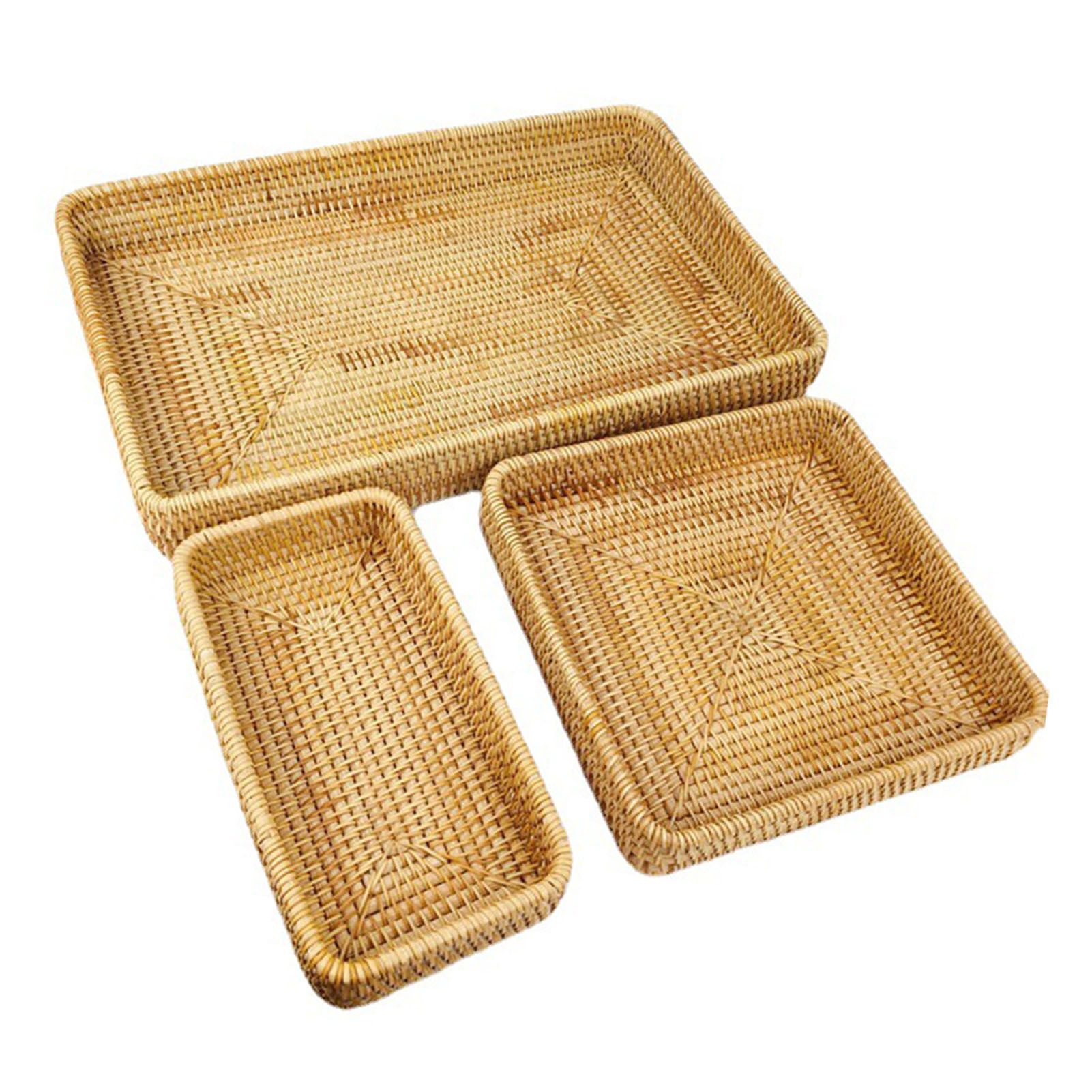 Rattan Tray Tabletop Organization Hand Woven Snack Storage Basket Multifunctional Serving Tray 3 Pcs Set - Image 3