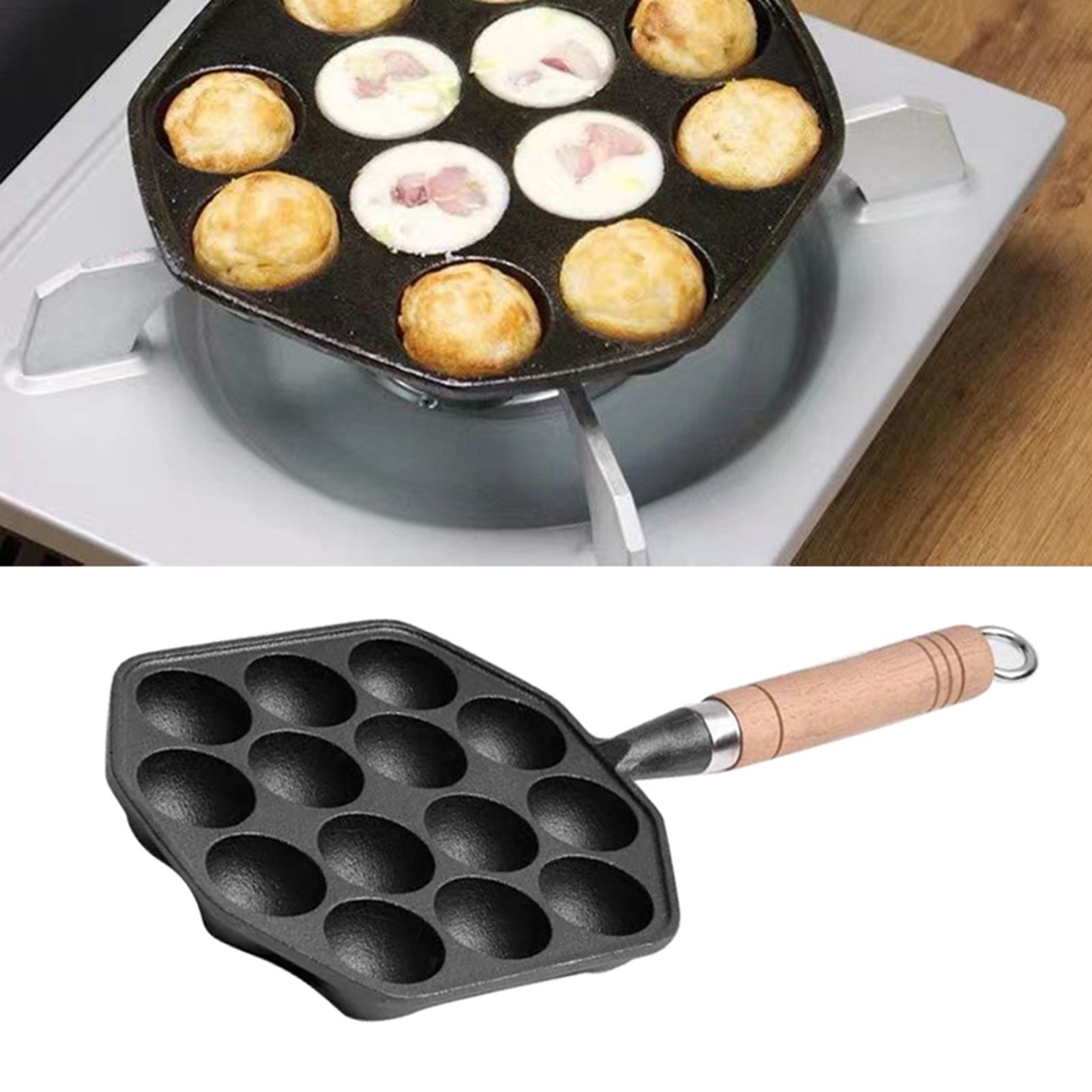 14 Holes Takoyaki Pan Nonstick Cast Iron Octopus Meat Balls Mold Maker with Detachable Handle for Home Pancake Baking - Image 5