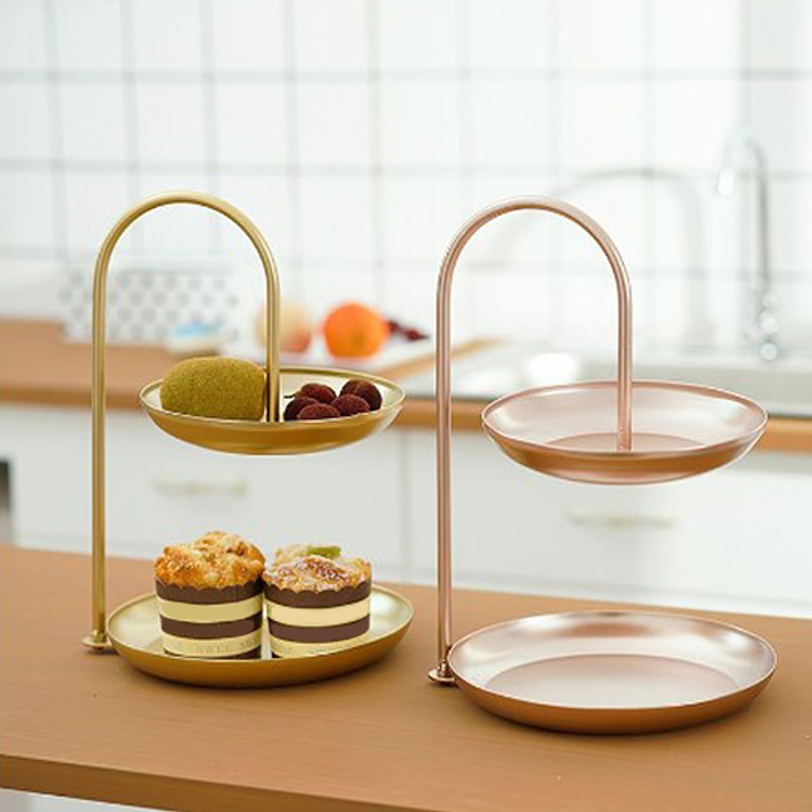 2 Tier Iron Fruit Serving Tray Waterproof Multi Tier Storage Platter for Coffee Table Party Rose Gold - Image 5