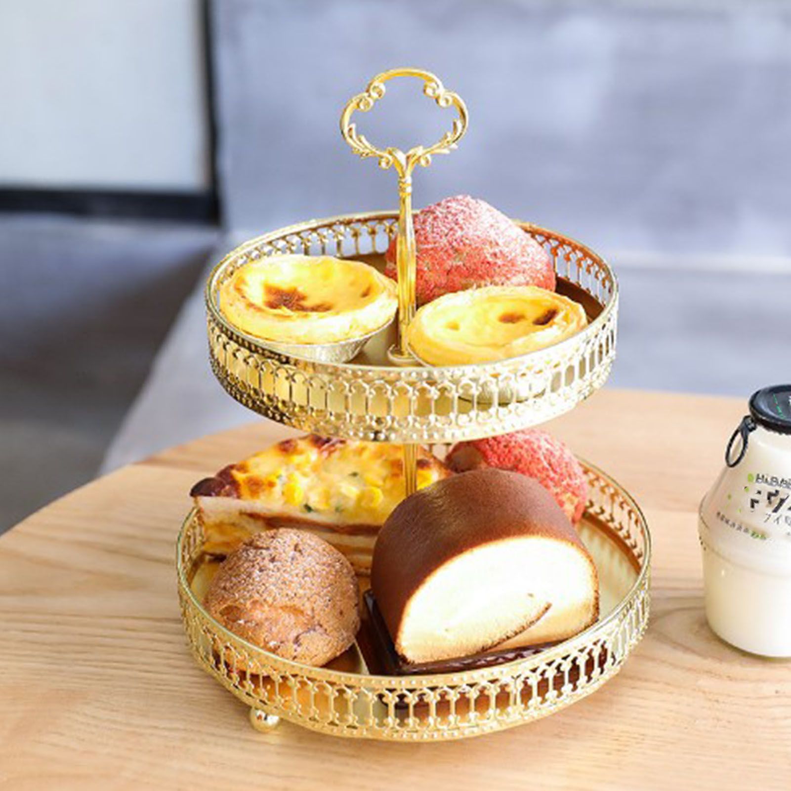 Double Layer Pastry Tray Decorative Copper Gold Biscuits Dessert Display Plate for Wedding Vertical Grain - Image 6