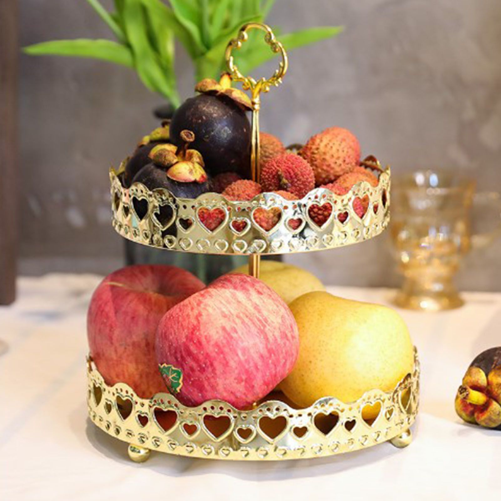 Double Layer Pastry Tray Decorative Copper Gold Biscuits Dessert Display Plate for Wedding Hollowed Out Love Heart - Image 5