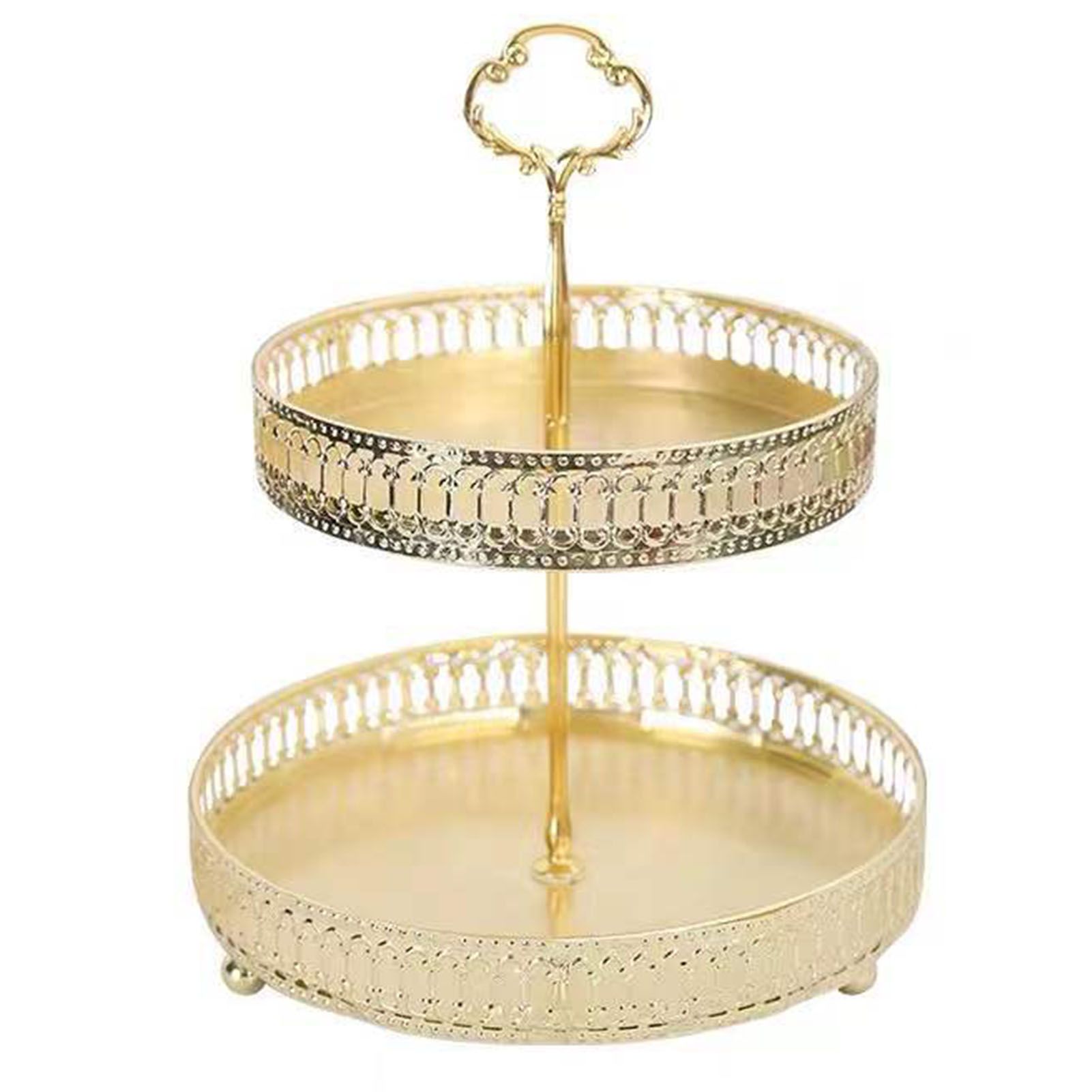Double Layer Pastry Tray Decorative Copper Gold Biscuits Dessert Display Plate for Wedding Hollowed Out Vertical Grain - Image 1