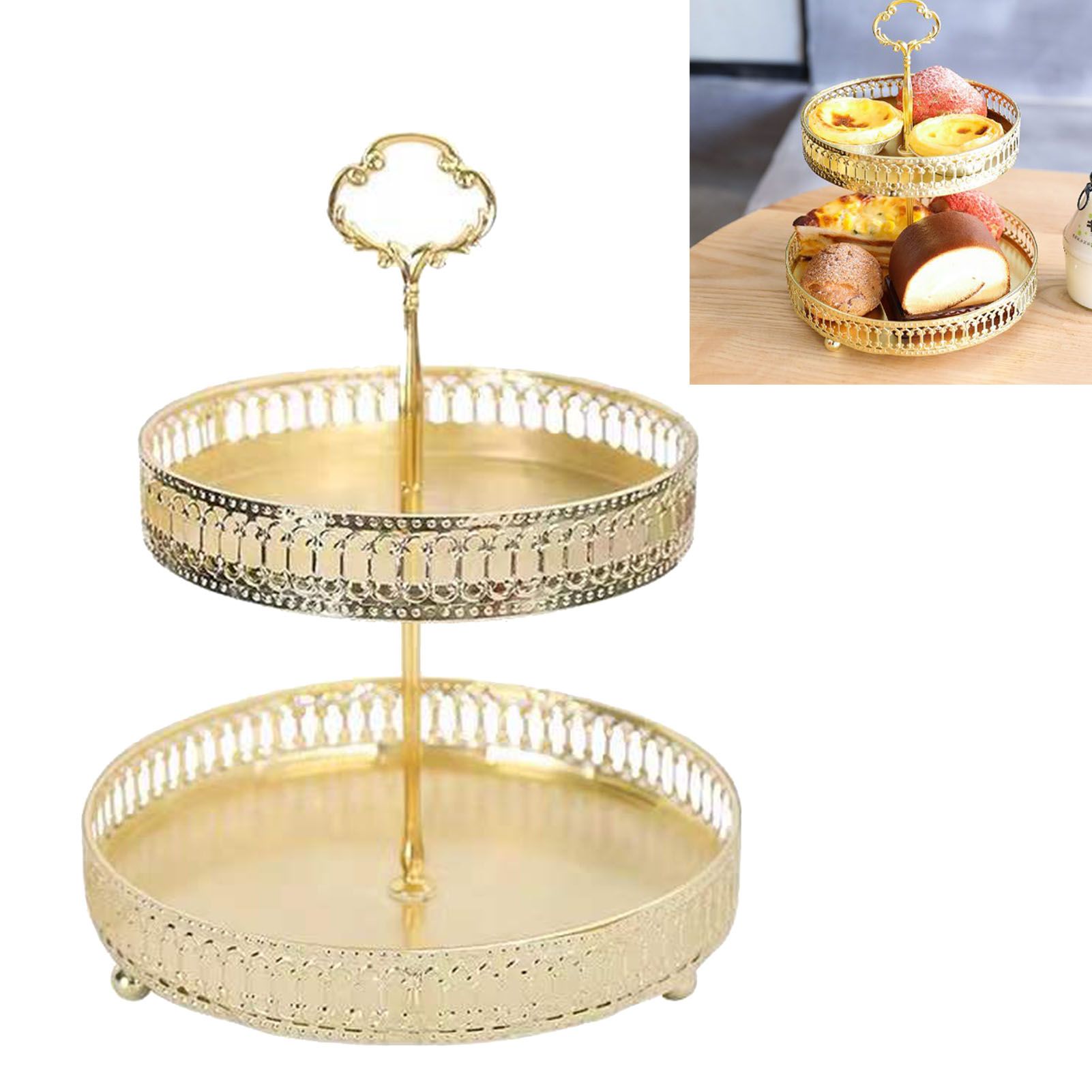 Double Layer Pastry Tray Decorative Copper Gold Biscuits Dessert Display Plate for Wedding Hollowed Out Vertical Grain - Image 5