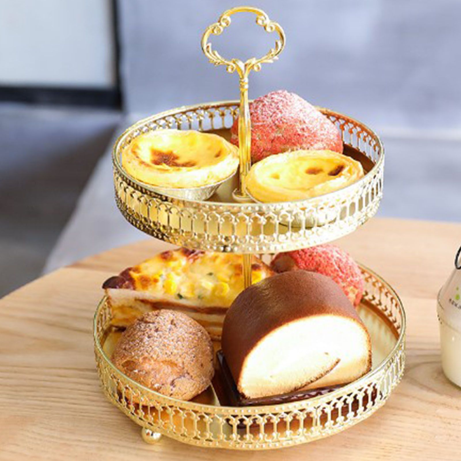 Double Layer Pastry Tray Decorative Copper Gold Biscuits Dessert Display Plate for Wedding Hollowed Out Vertical Grain - Image 6