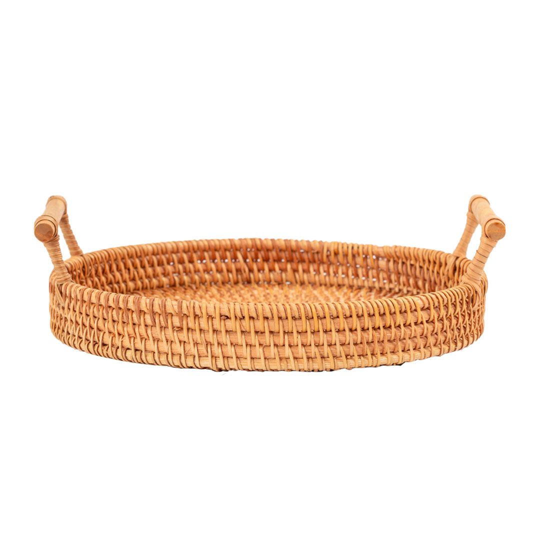 Hand Woven Round Rattan Serving Tray Bread Fruit Dessert Snack Basket with Handles Diameter 22cm Height 3cm - Image 1