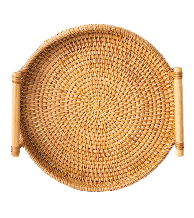 Hand Woven Round Rattan Serving Tray Bread Fruit Dessert Snack Basket with Handles Diameter 22cm Height 3cm - Image 2