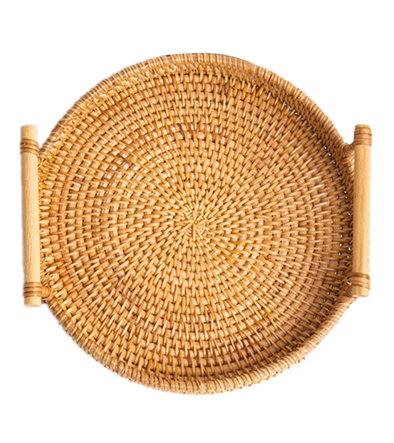 Hand Woven Round Rattan Serving Tray Bread Fruit Dessert Snack Basket with Handles Diameter 22cm Height 3cm - Image 3