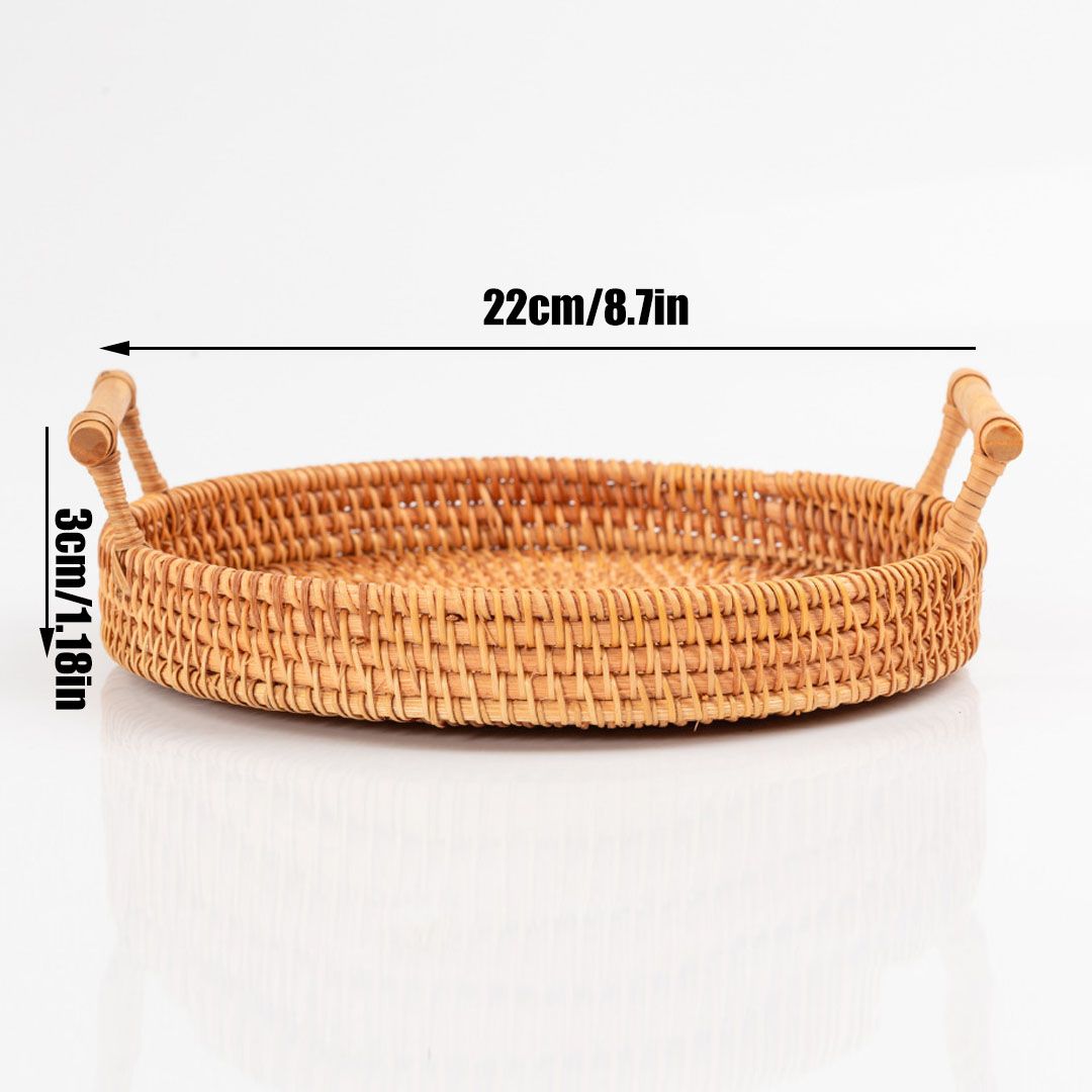 Hand Woven Round Rattan Serving Tray Bread Fruit Dessert Snack Basket with Handles Diameter 22cm Height 3cm - Image 6