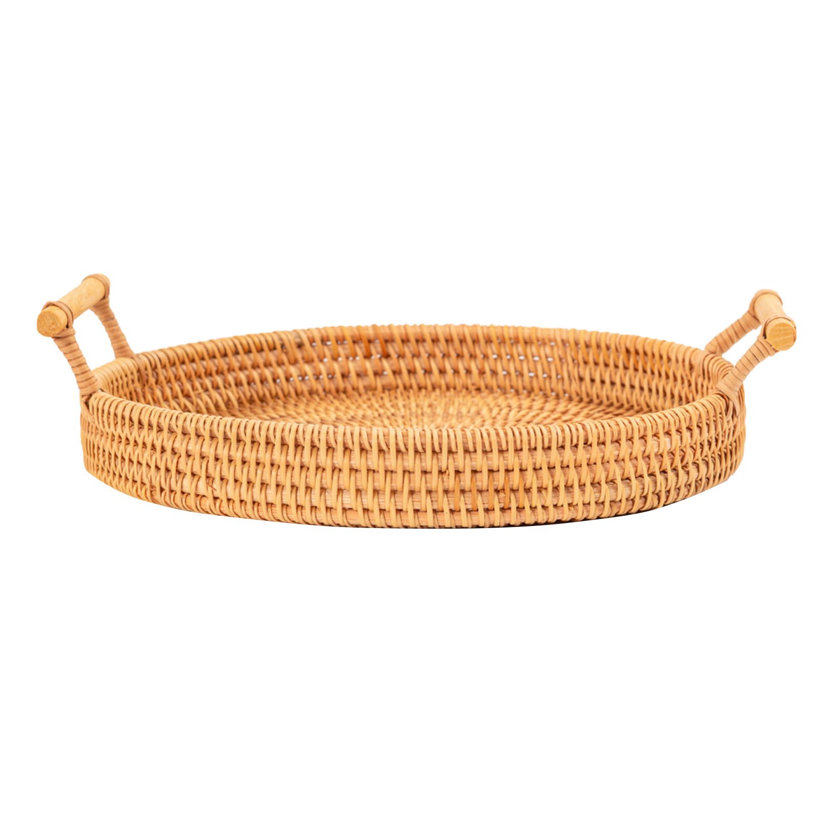 Hand Woven Round Rattan Serving Tray Bread Fruit Dessert Snack Basket with Handles Diameter 24cm Height 3cm - Image 1