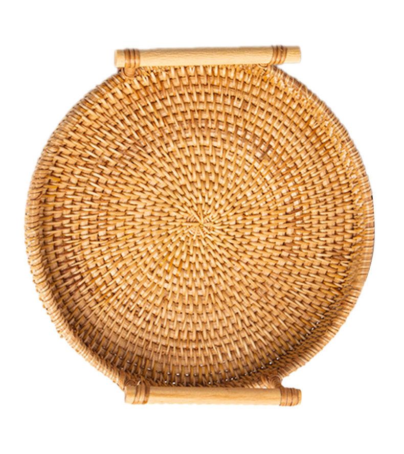 Hand Woven Round Rattan Serving Tray Bread Fruit Dessert Snack Basket with Handles Diameter 24cm Height 3cm - Image 4