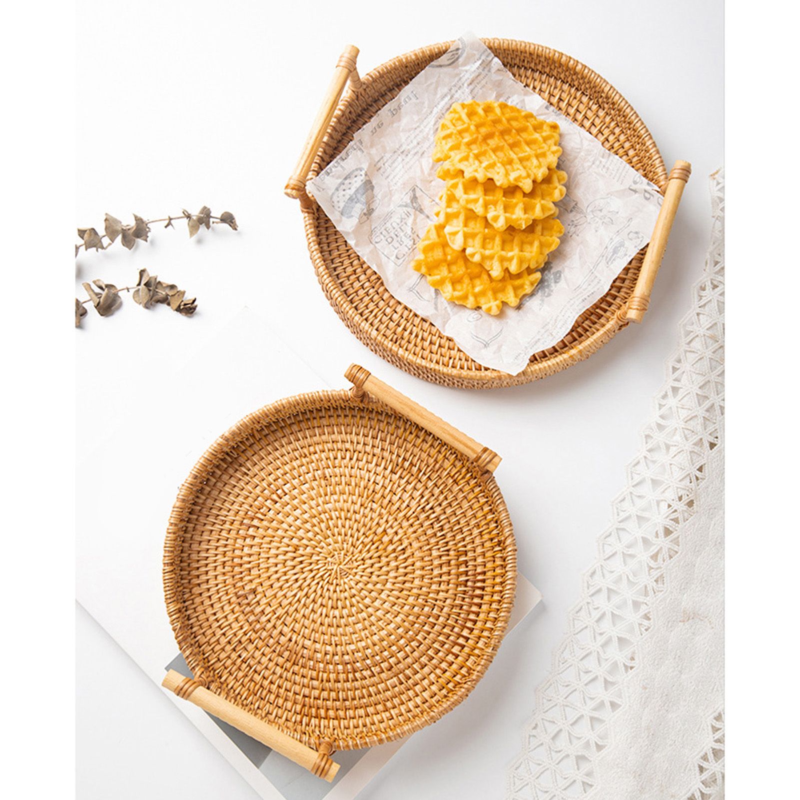 Hand Woven Round Rattan Serving Tray Bread Fruit Dessert Snack Basket with Handles Diameter 24cm Height 3cm - Image 5
