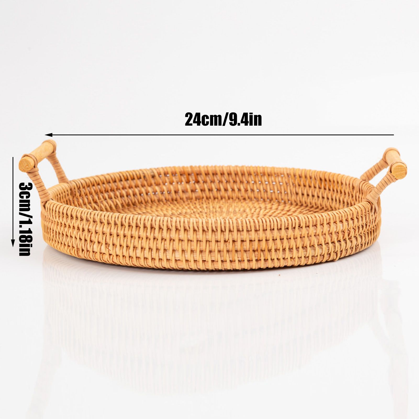 Hand Woven Round Rattan Serving Tray Bread Fruit Dessert Snack Basket with Handles Diameter 24cm Height 3cm - Image 6