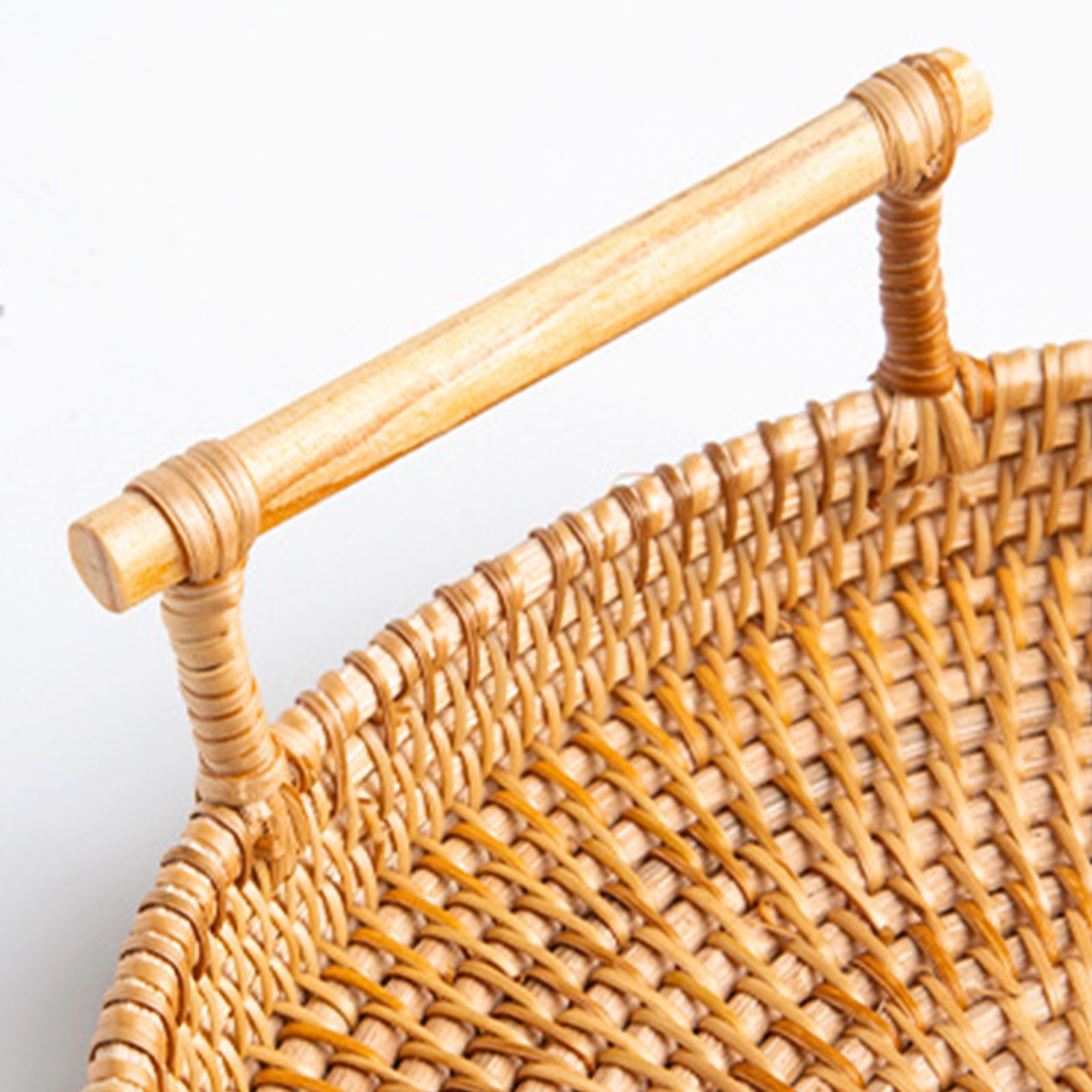 Hand Woven Round Rattan Serving Tray Bread Fruit Dessert Snack Basket with Handles Diameter 24cm Height 3cm - Image 7