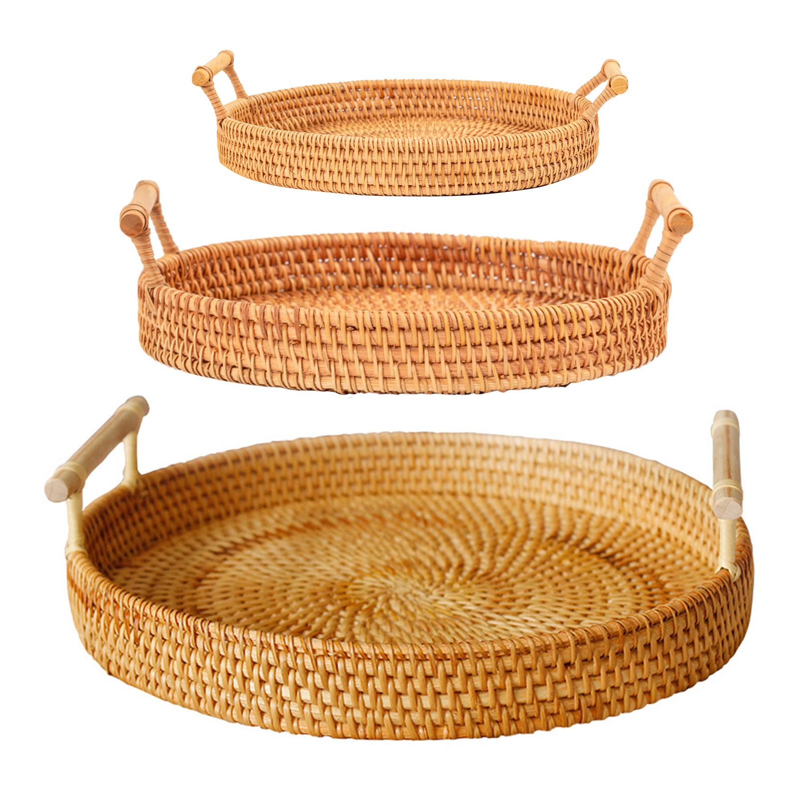 Hand Woven Round Rattan Serving Tray Bread Fruit Dessert Snack Basket with Handles 3 Piece Set - Image 1