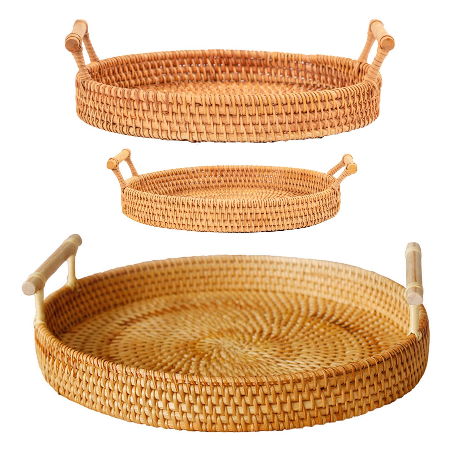 Hand Woven Round Rattan Serving Tray Bread Fruit Dessert Snack Basket with Handles 3 Piece Set - Image 2