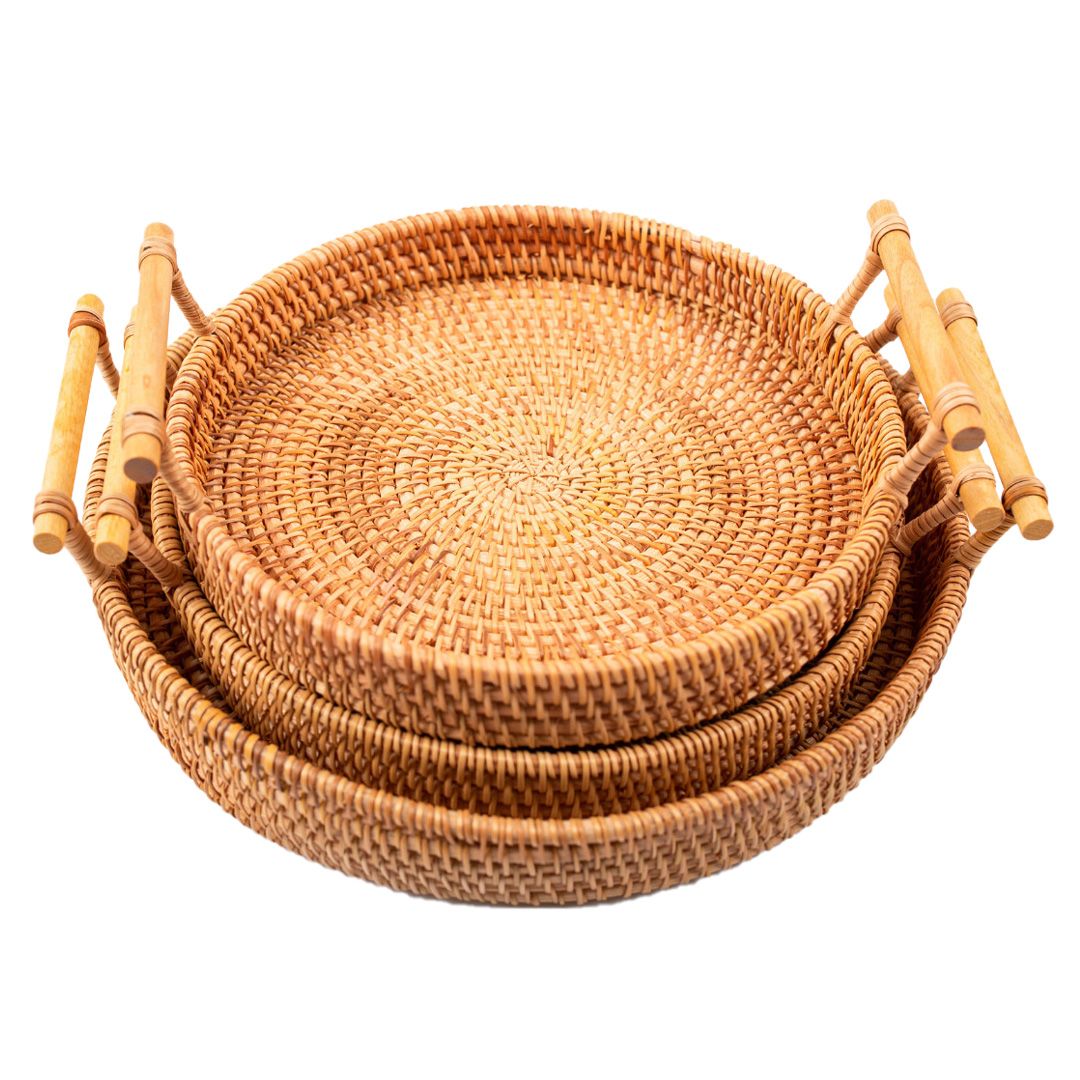 Hand Woven Round Rattan Serving Tray Bread Fruit Dessert Snack Basket with Handles 3 Piece Set - Image 3