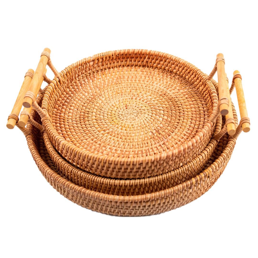Hand Woven Round Rattan Serving Tray Bread Fruit Dessert Snack Basket with Handles 3 Piece Set - Image 4