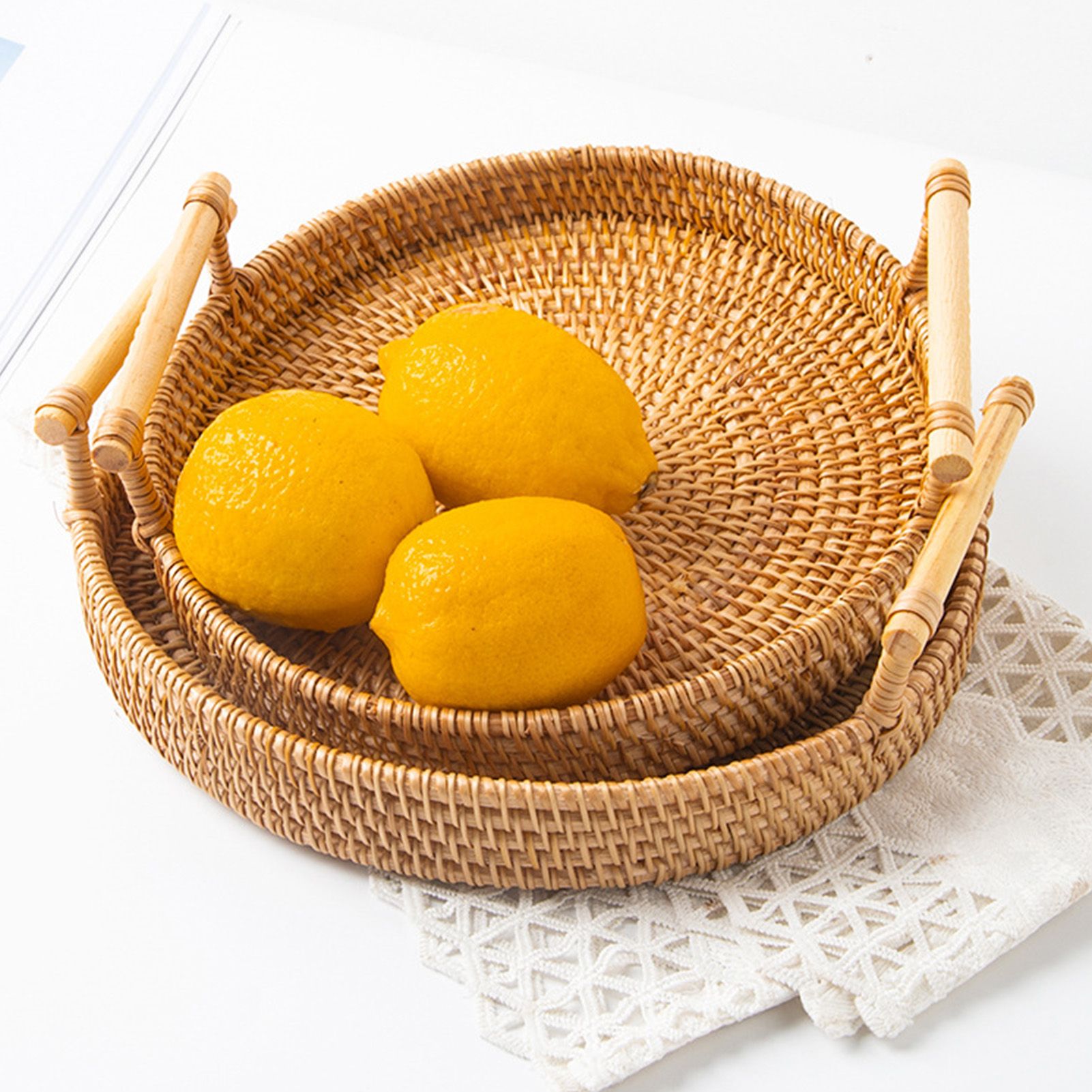 Hand Woven Round Rattan Serving Tray Bread Fruit Dessert Snack Basket with Handles 3 Piece Set - Image 5
