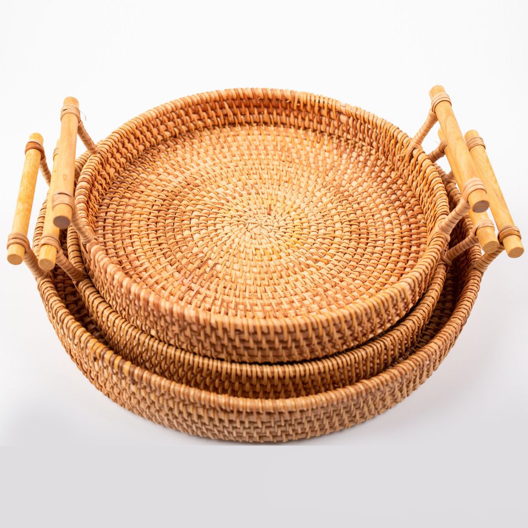 Hand Woven Round Rattan Serving Tray Bread Fruit Dessert Snack Basket with Handles 3 Piece Set - Image 6
