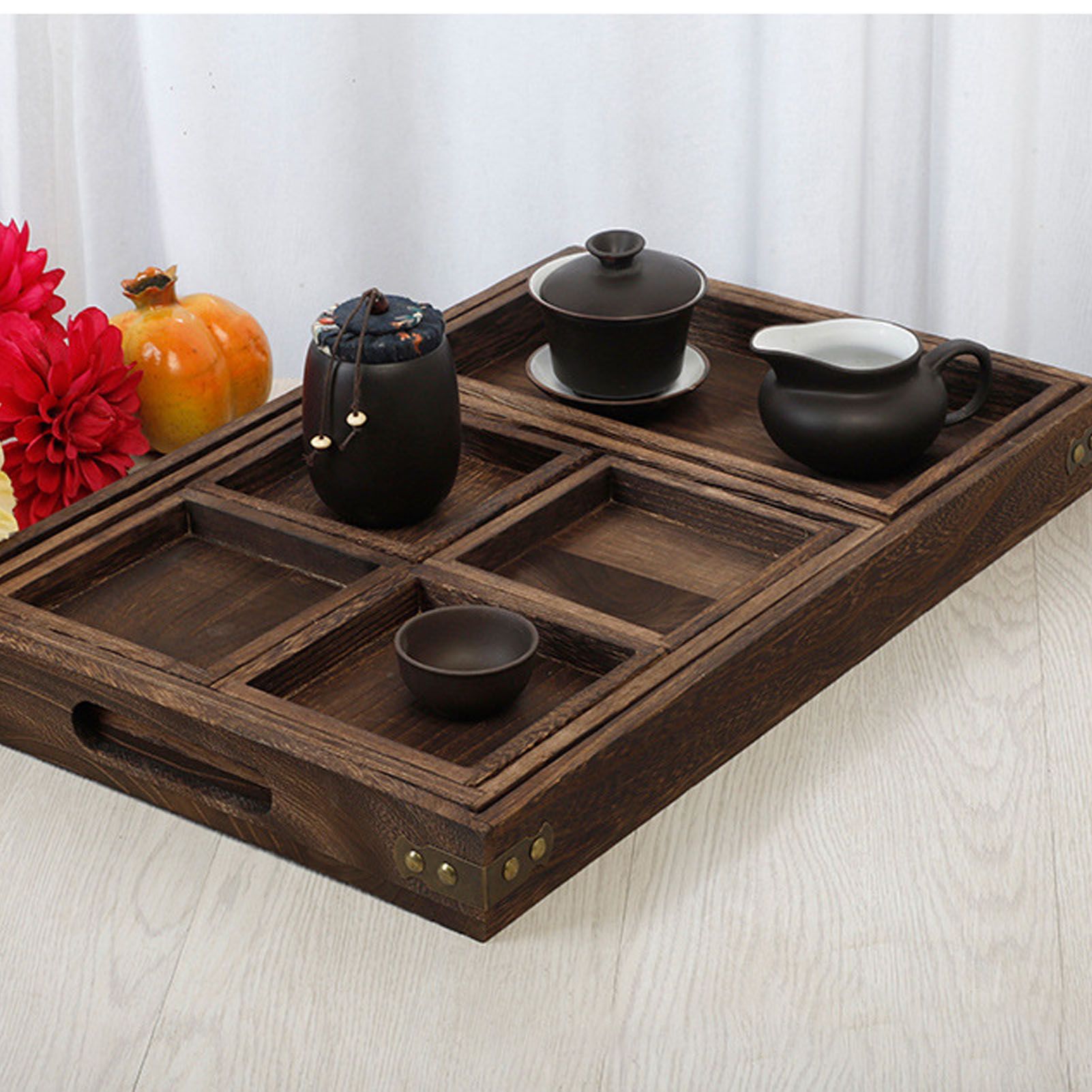 Wood Tea Tray Fade Resistant Exquisite Retro Reinforced Rectangular Tea Serving Tray - Image 5