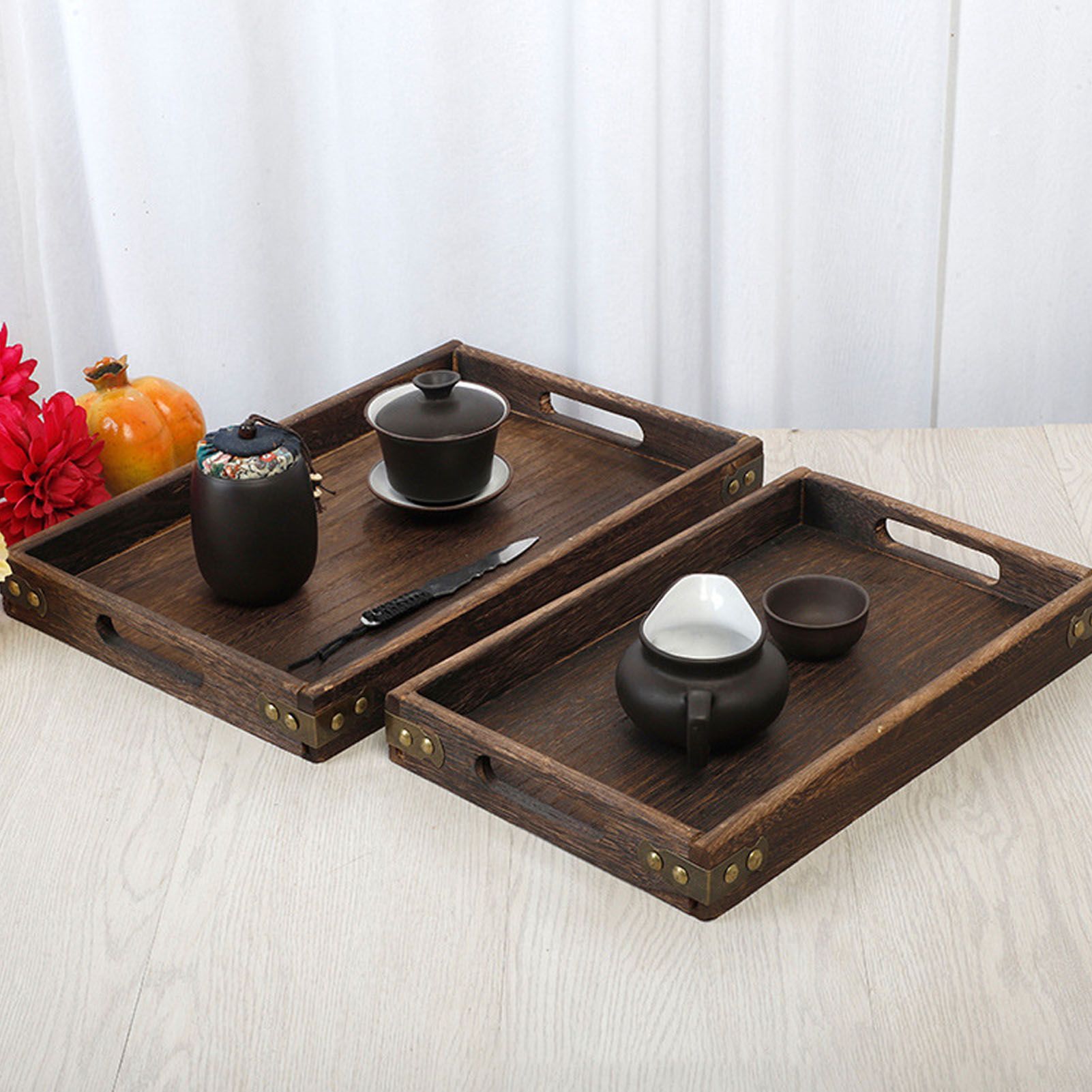 Wood Tea Tray Fade Resistant Exquisite Retro Reinforced Rectangular Tea Serving Tray - Image 6