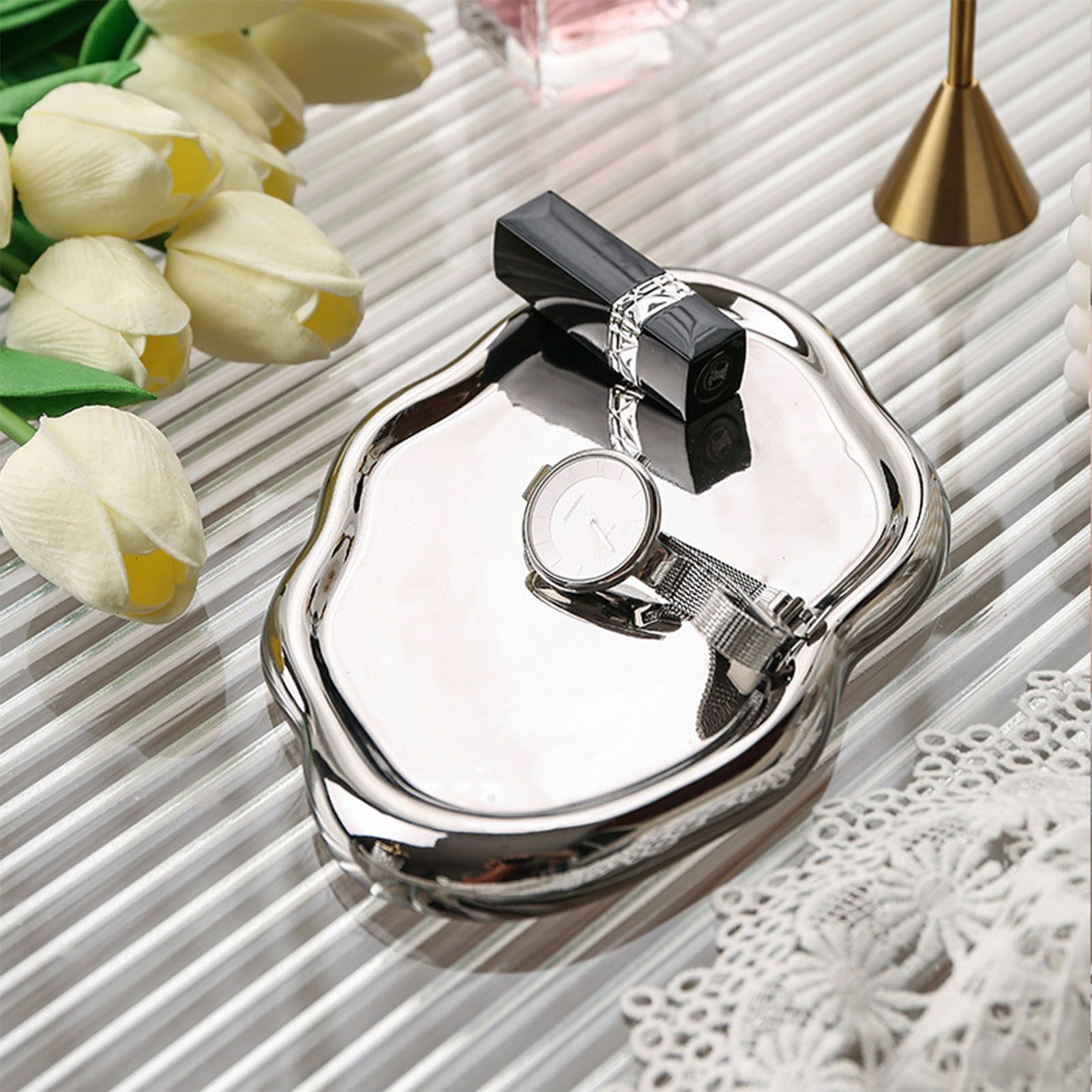 Jewelry Plate Ceramic Glossy Appearance Simple Modern Stylish Storage Tray for Home Gift Silver Oval - Image 5