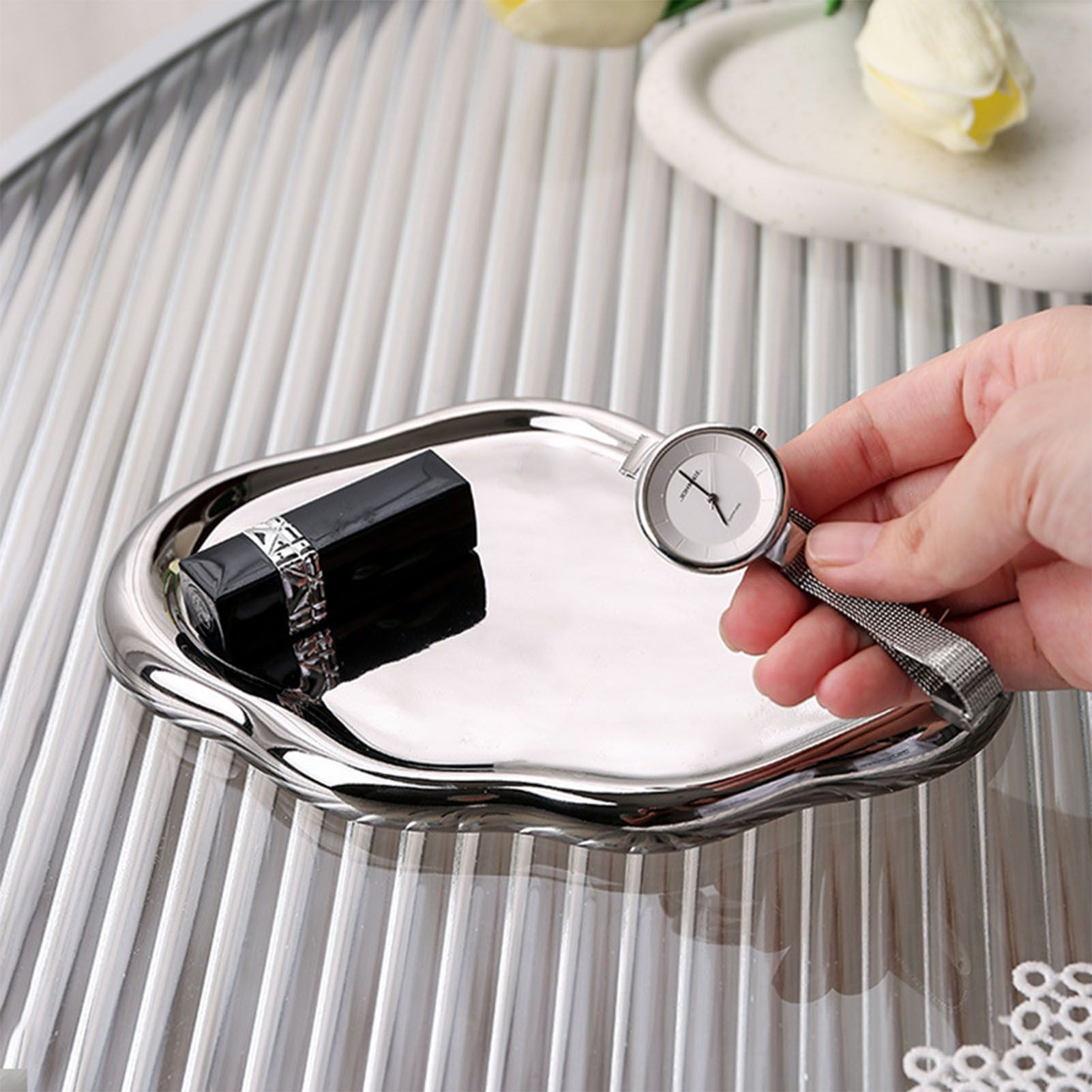 Jewelry Plate Ceramic Glossy Appearance Simple Modern Stylish Storage Tray for Home Gift Silver Oval - Image 6