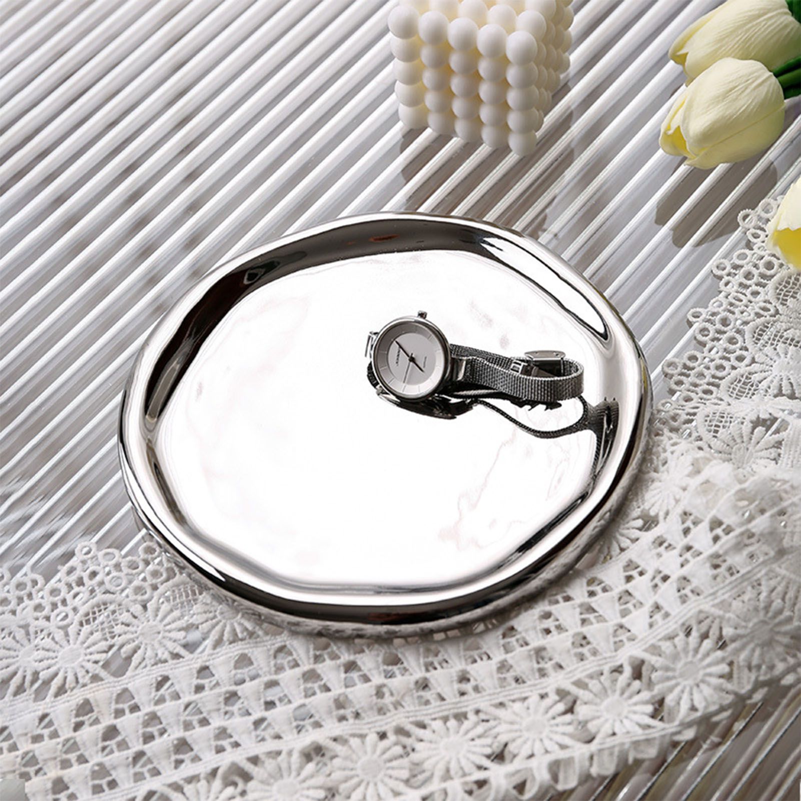 Jewelry Plate Ceramic Glossy Appearance Simple Modern Stylish Storage Tray for Home Gift Silver Oval - Image 8