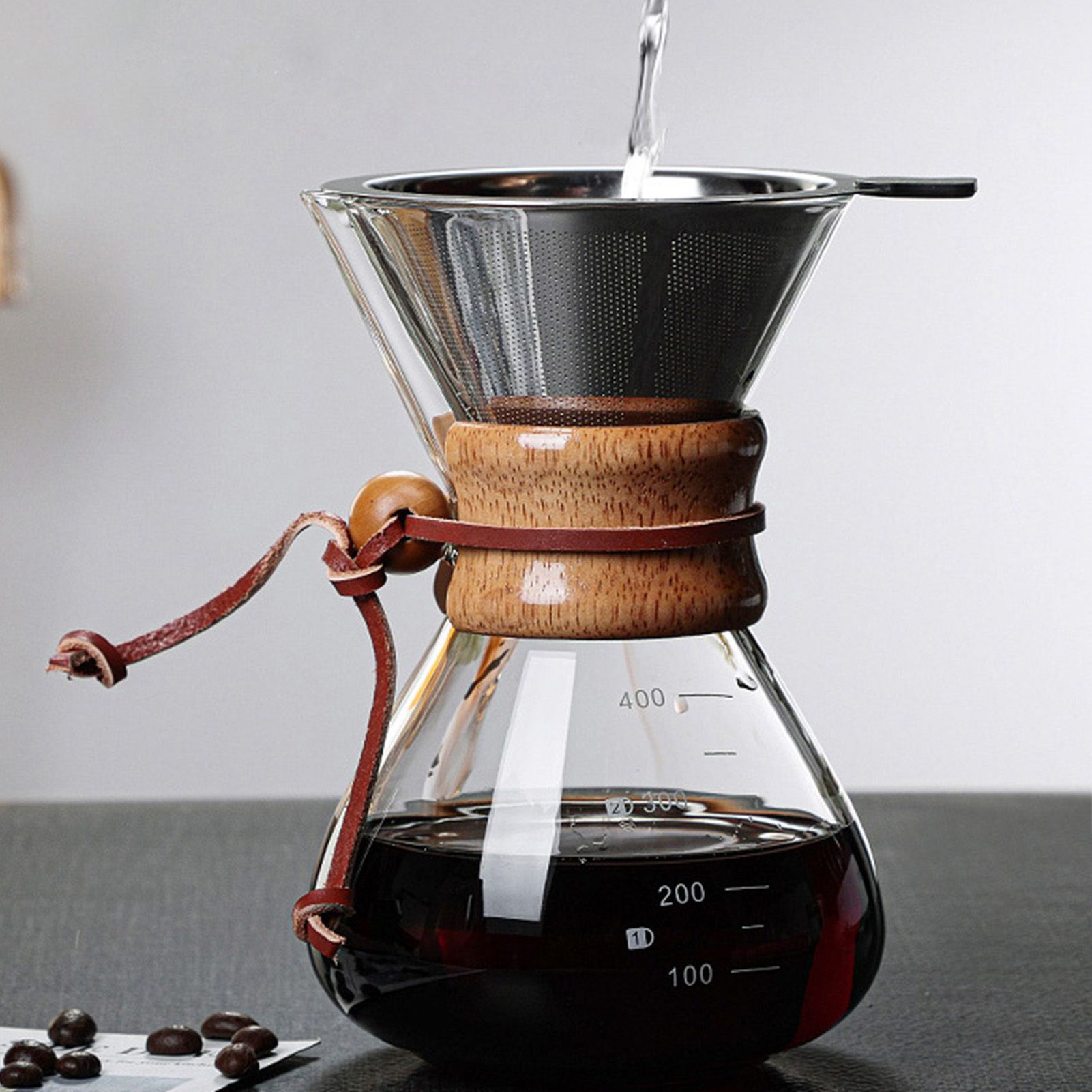 Pour Over Coffee Maker 400ml Double Layer Filter V Spout Wooden Sleeve Coffee Brewer for Home Cafe Party - Image 6
