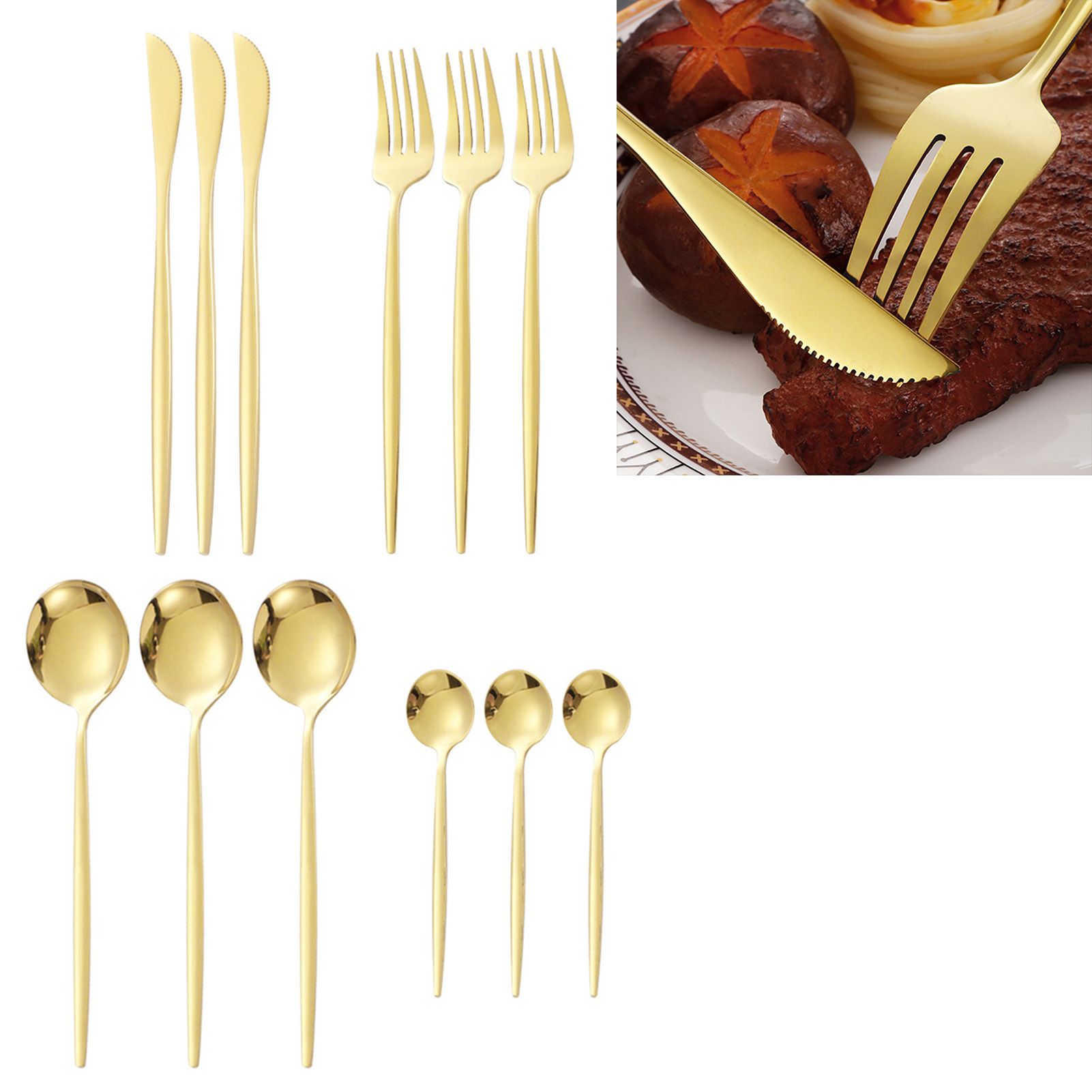 12Pcs Tableware Set Spoons Knives Forks Glossy 410 Stainless Steel Cutlery Set for Home Restaurant Gold - Image 5