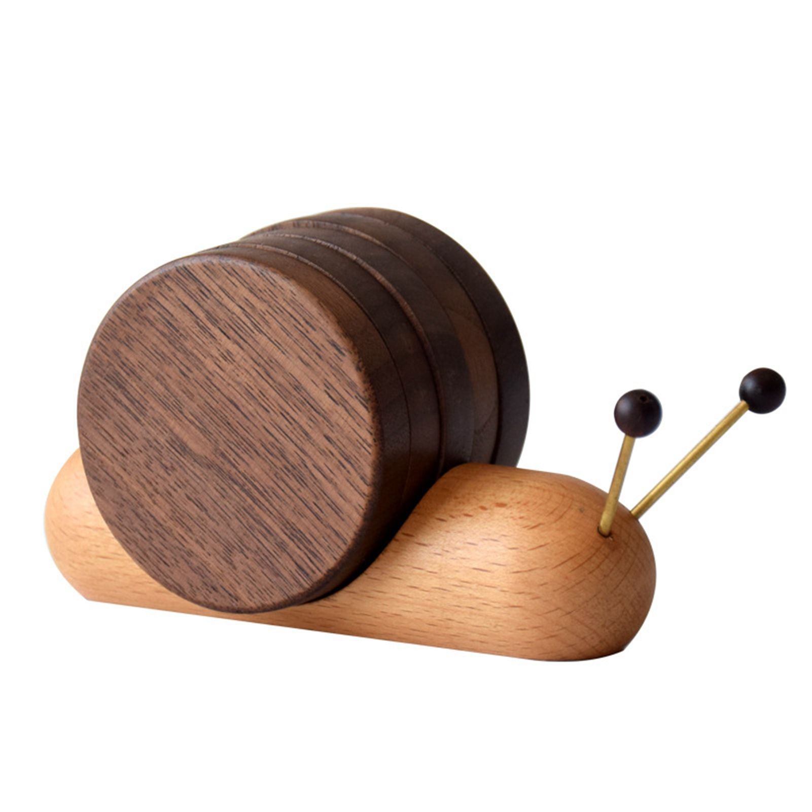 Wood Mug Coaster Heat Insulation Cute Snail Shape 5pcs Wooden Round Coasters with Magnet - Image 1