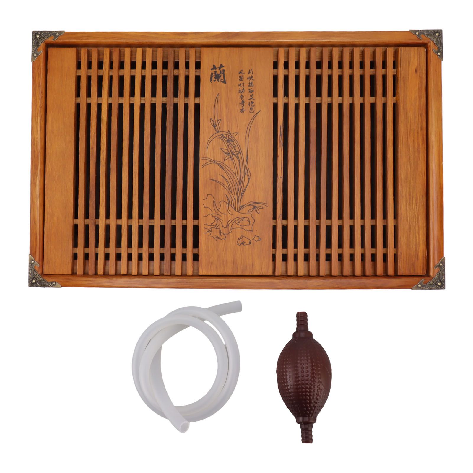 Kungfu Tea Tray Chinese Gongfu Tea Tray Drainage Water Storage Wood Tea Table with Drain Pipe Yellow Orchid - Image 1