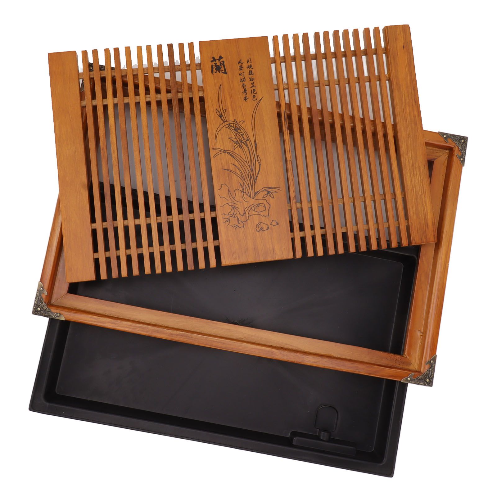 Kungfu Tea Tray Chinese Gongfu Tea Tray Drainage Water Storage Wood Tea Table with Drain Pipe Yellow Orchid - Image 2