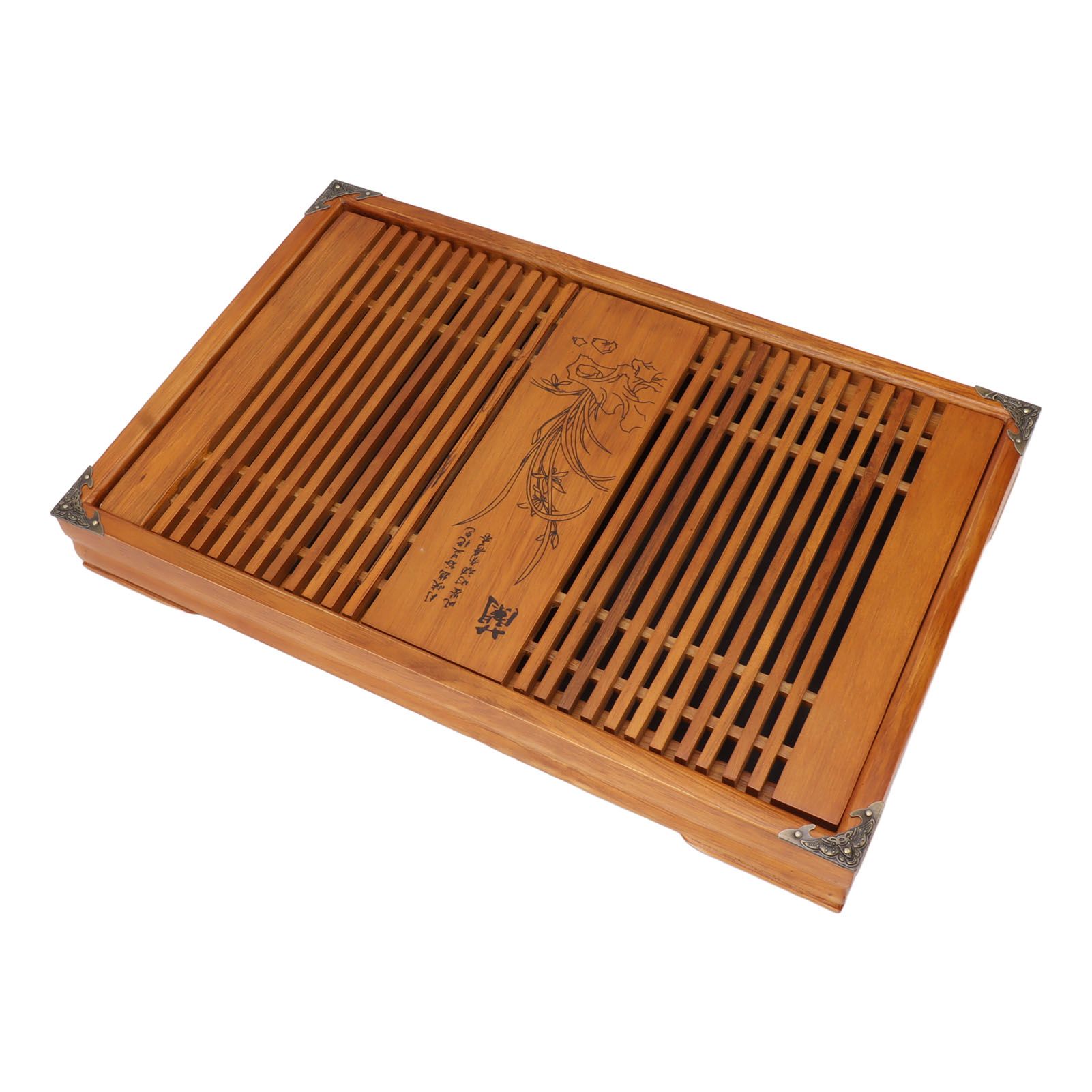 Kungfu Tea Tray Chinese Gongfu Tea Tray Drainage Water Storage Wood Tea Table with Drain Pipe Yellow Orchid - Image 3