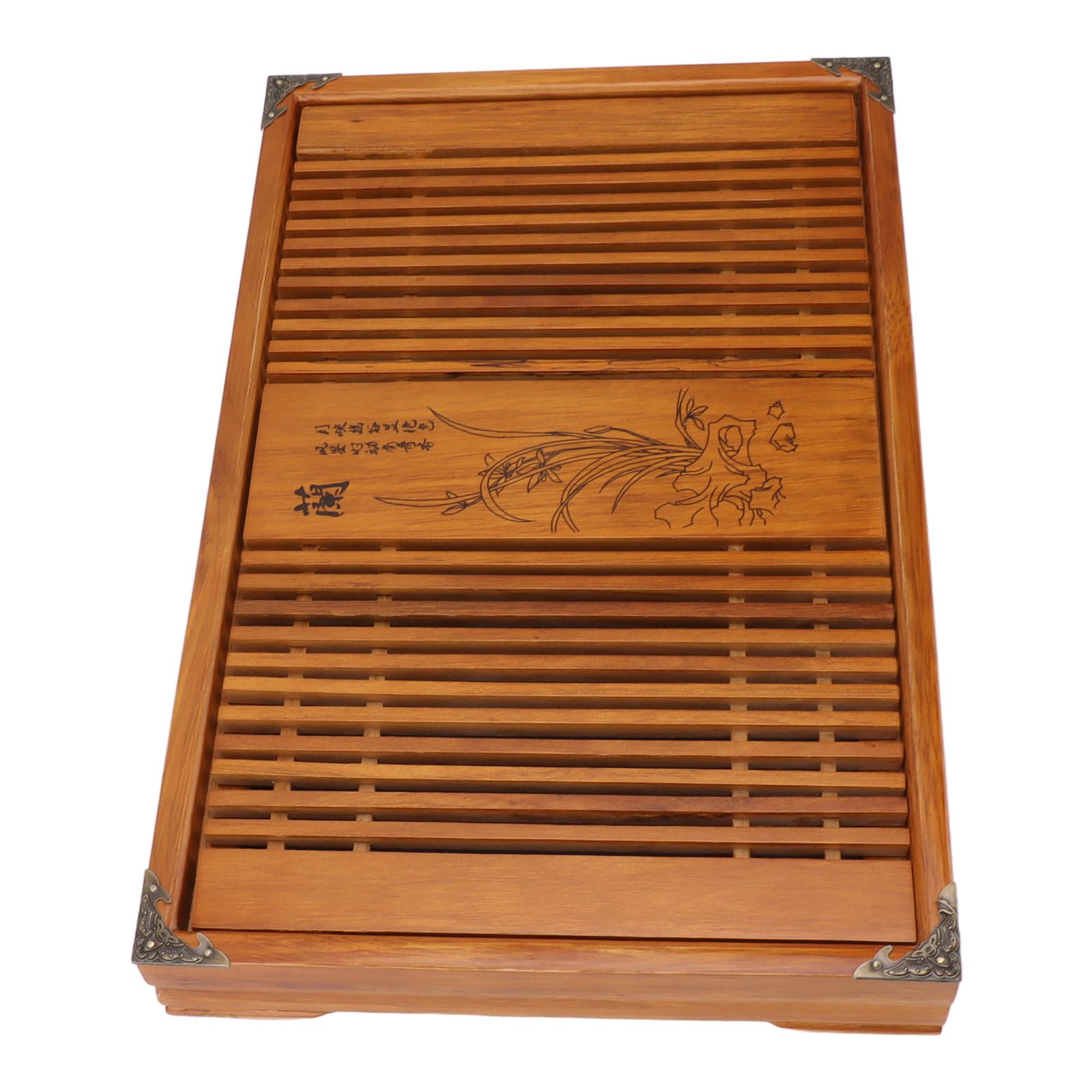 Kungfu Tea Tray Chinese Gongfu Tea Tray Drainage Water Storage Wood Tea Table with Drain Pipe Yellow Orchid - Image 4