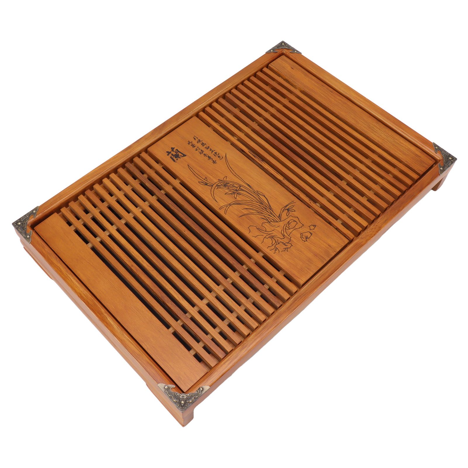 Kungfu Tea Tray Chinese Gongfu Tea Tray Drainage Water Storage Wood Tea Table with Drain Pipe Yellow Orchid - Image 5