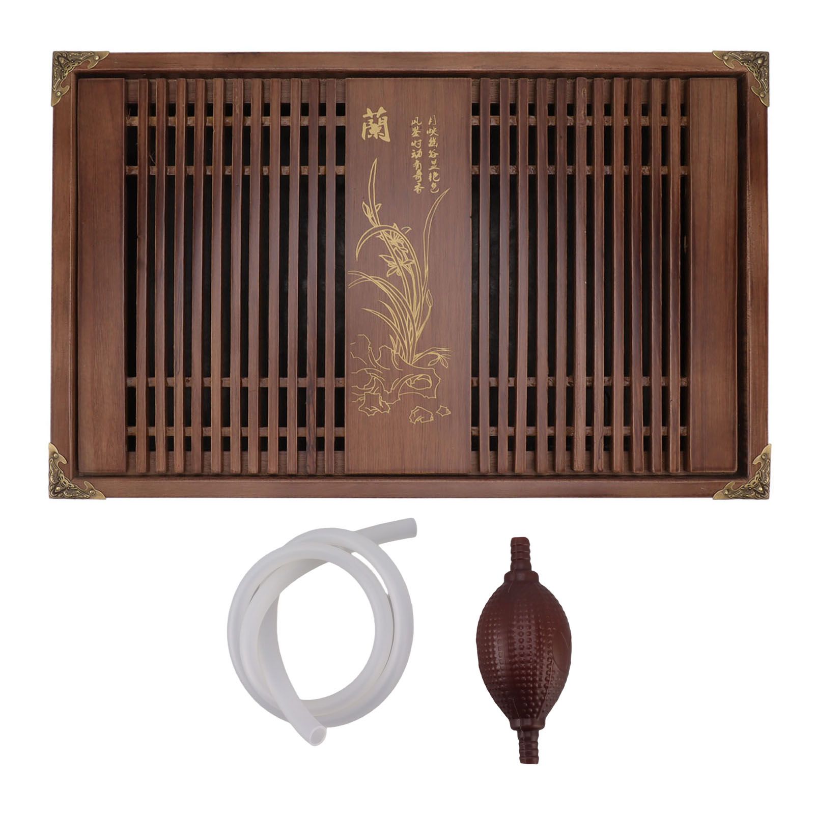 Kungfu Tea Tray Chinese Gongfu Tea Tray Drainage Water Storage Wood Tea Table with Drain Pipe Light Black Orchid - Image 1