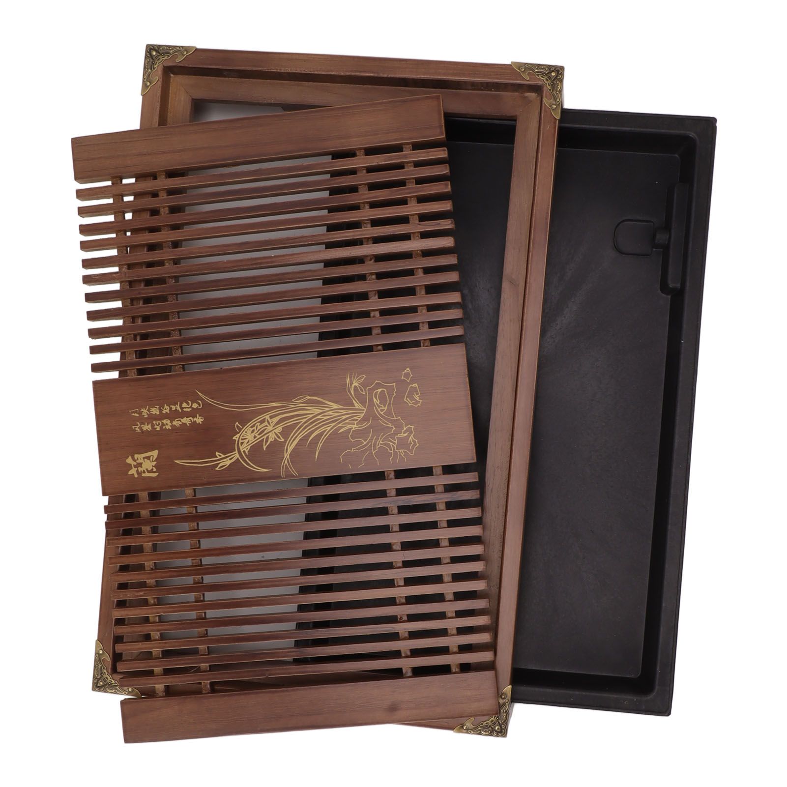 Kungfu Tea Tray Chinese Gongfu Tea Tray Drainage Water Storage Wood Tea Table with Drain Pipe Light Black Orchid - Image 2